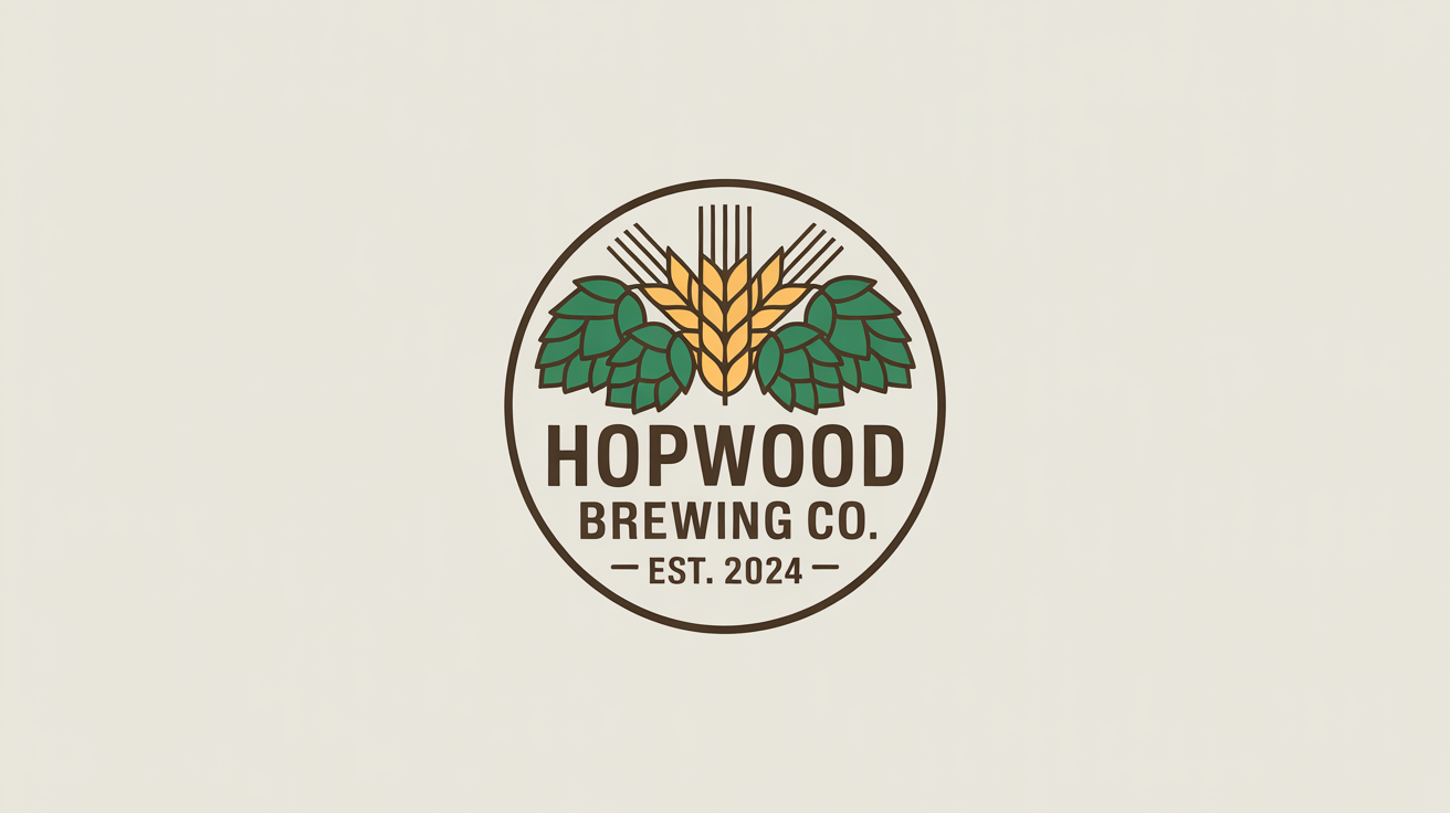A professional mockup of a brewery logo for 'Hopwood Brewing Co.' featuring barley and hops, designed in an earthy color palette on a white background.