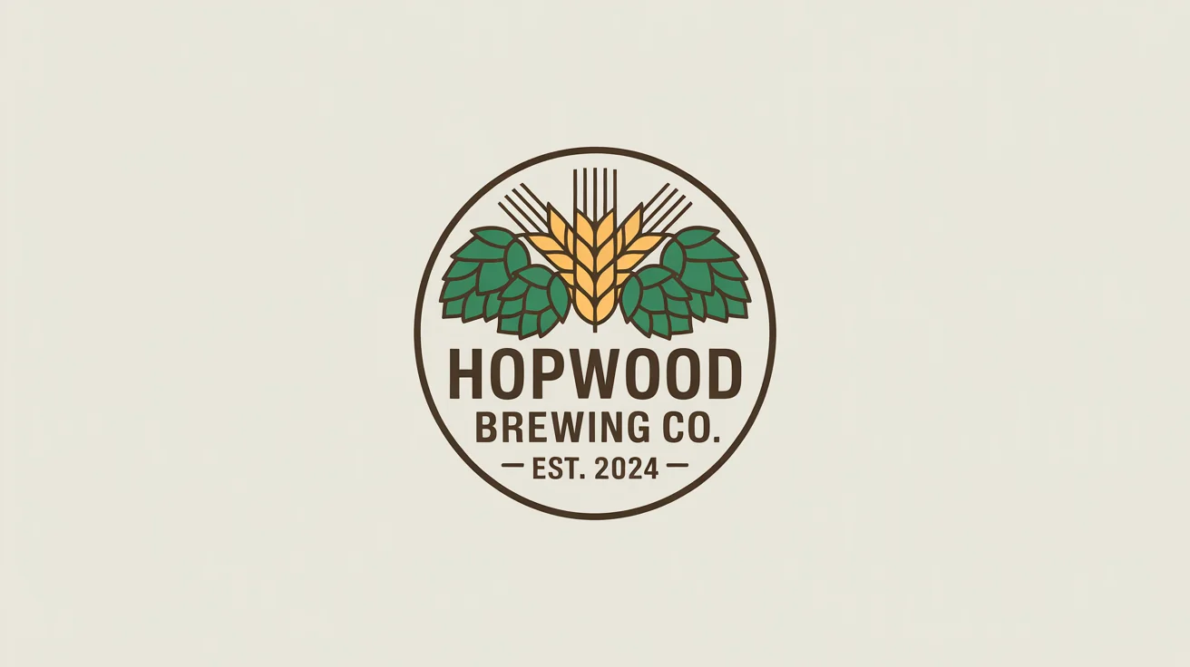 A professional mockup of a brewery logo for 'Hopwood Brewing Co.' featuring barley and hops, designed in an earthy color palette on a white background.