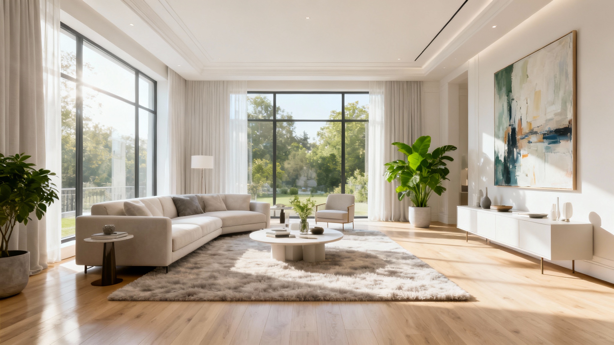 A beautifully remodeled modern living room with large windows, minimalist furniture, and a clean, bright aesthetic, representing the final result of a room remodel service.
