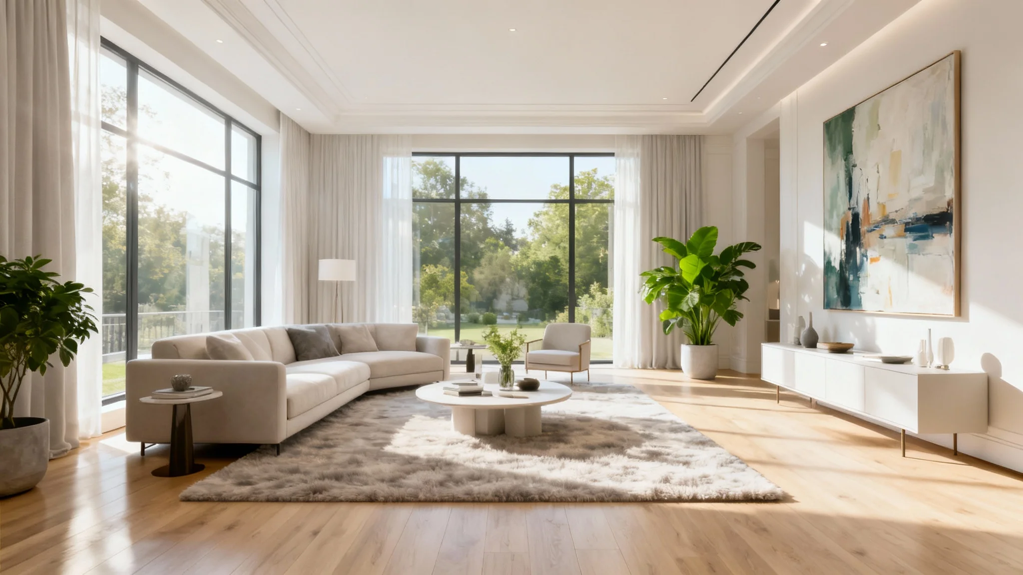 A beautifully remodeled modern living room with large windows, minimalist furniture, and a clean, bright aesthetic, representing the final result of a room remodel service.