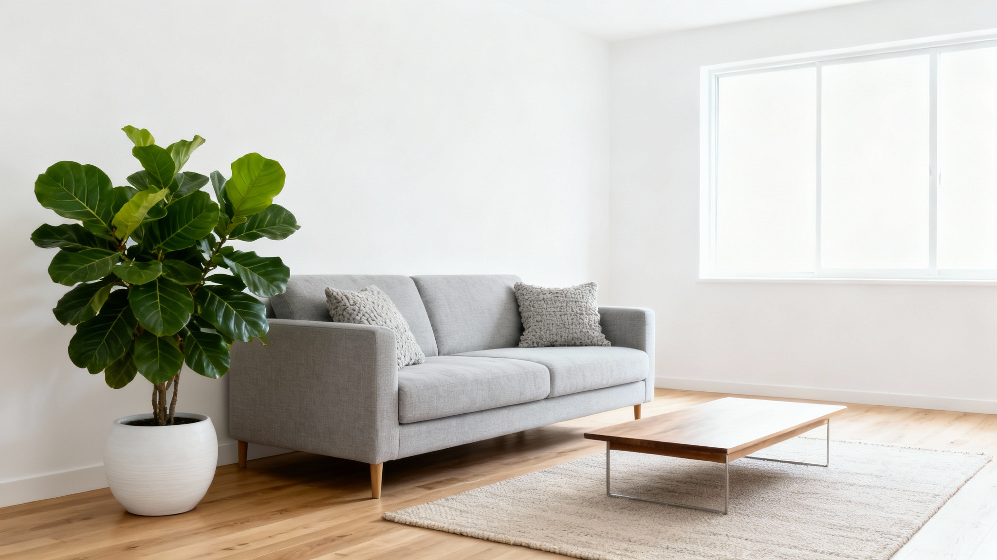 A photorealistic mockup of a newly remodeled modern living room, featuring a gray sofa, light wood floors, and a large potted plant, showcasing a bright, airy, and clean design.