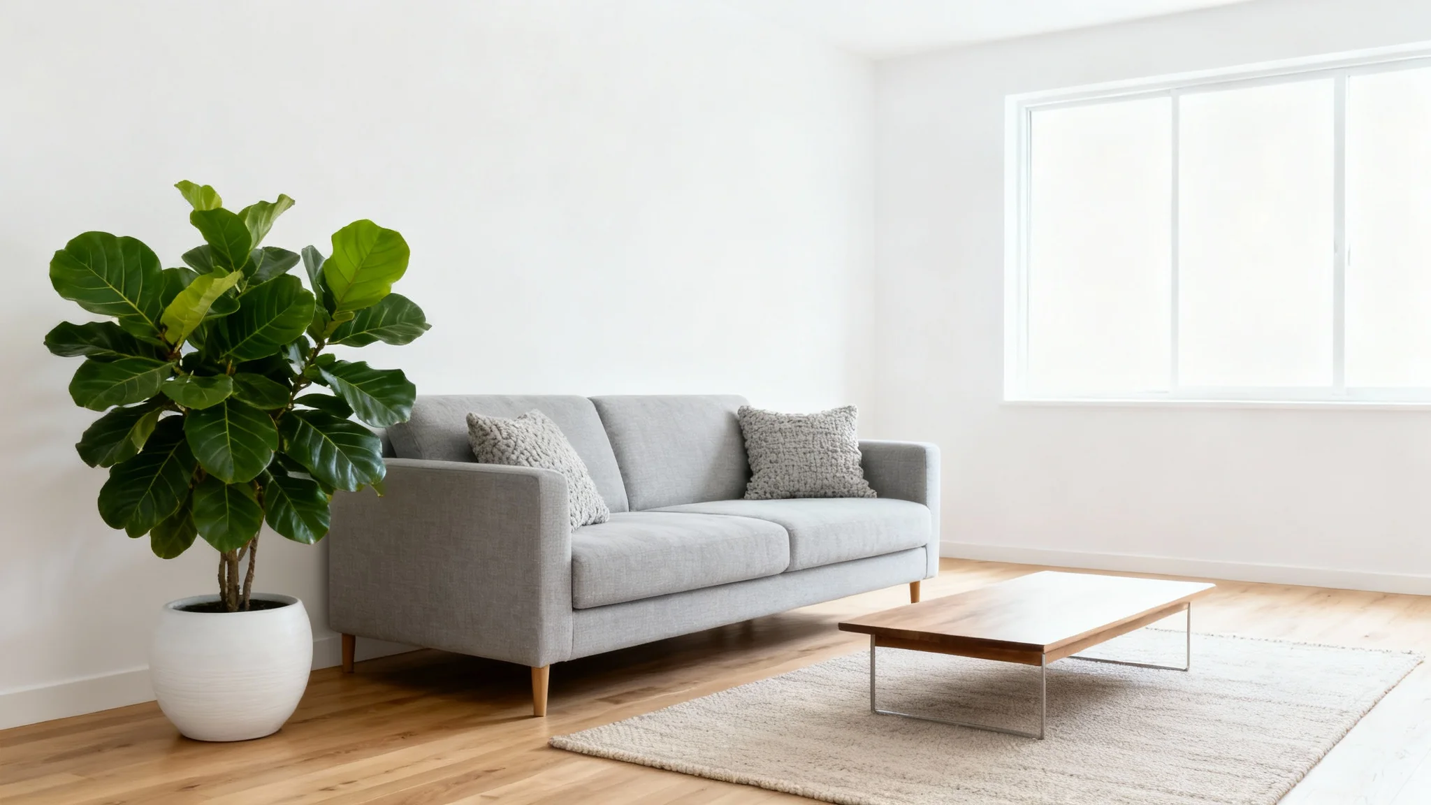 A photorealistic mockup of a newly remodeled modern living room, featuring a gray sofa, light wood floors, and a large potted plant, showcasing a bright, airy, and clean design.