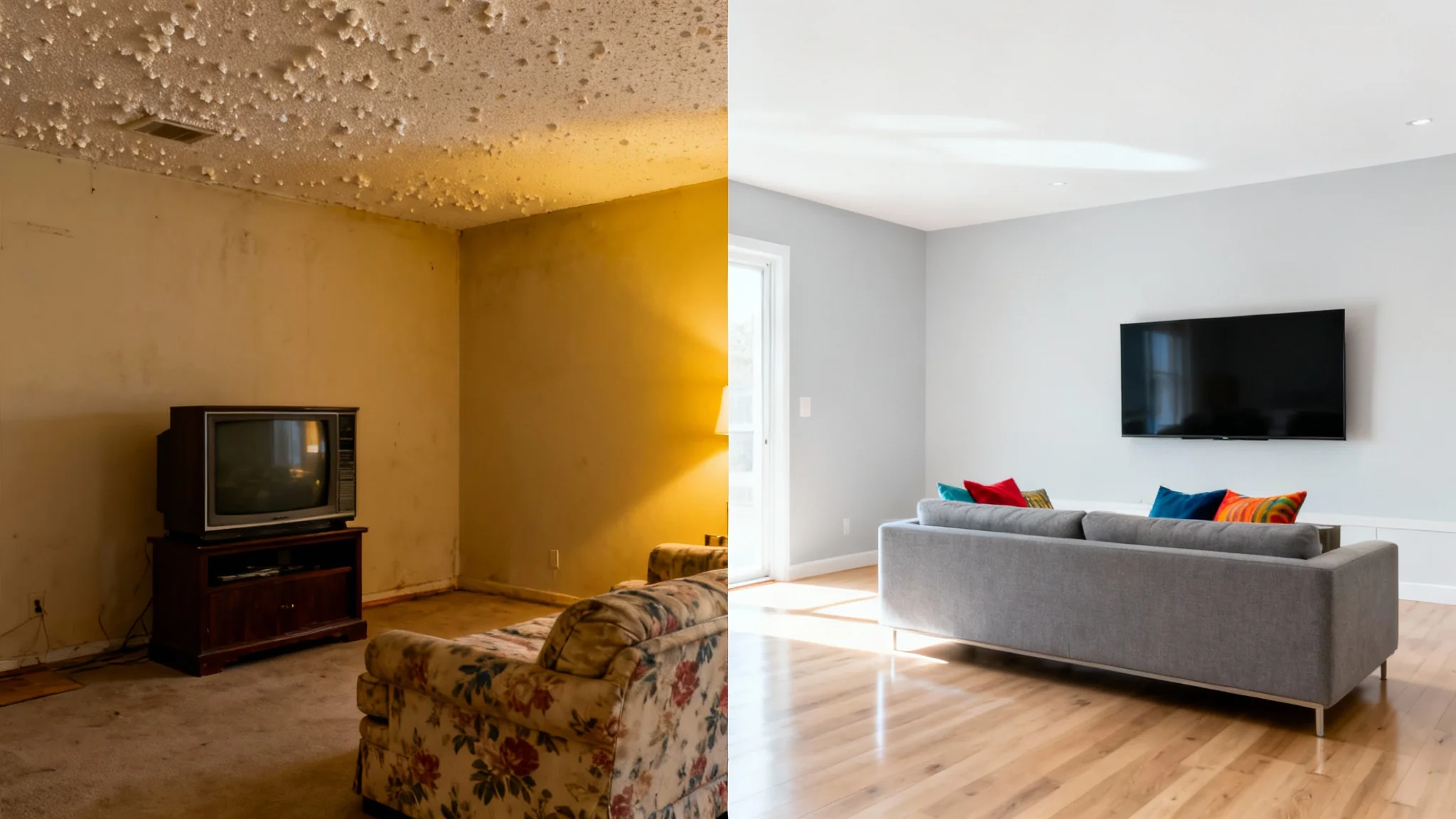 A before-and-after comparison of a living room remodel. The left side shows a dated, dark room, while the right side shows a bright, modern, and updated version of the same space.