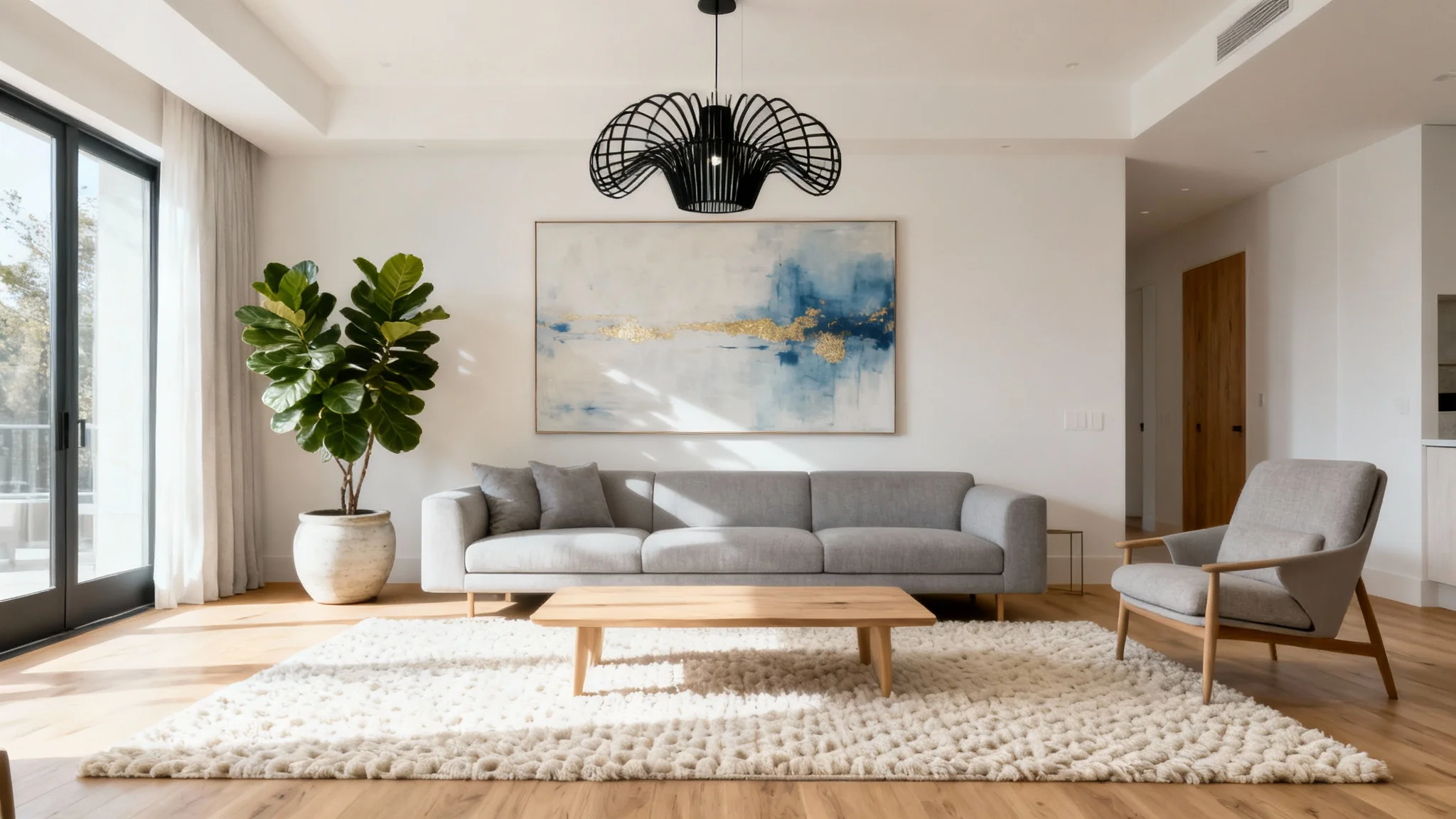 A bright and modern remodeled living room with a gray sofa, a wooden coffee table, and a large window letting in natural light.