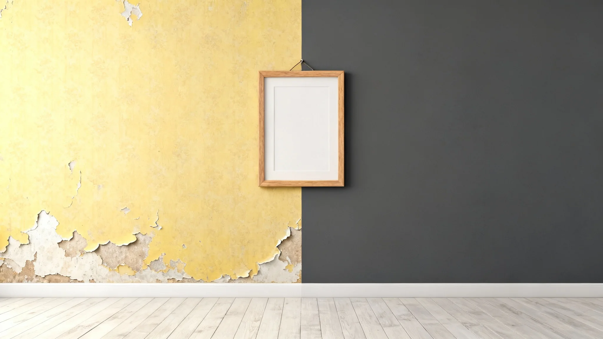 A conceptual image of a room remodel, showing a wall that is half old faded wallpaper and half newly painted modern gray, representing home transformation.