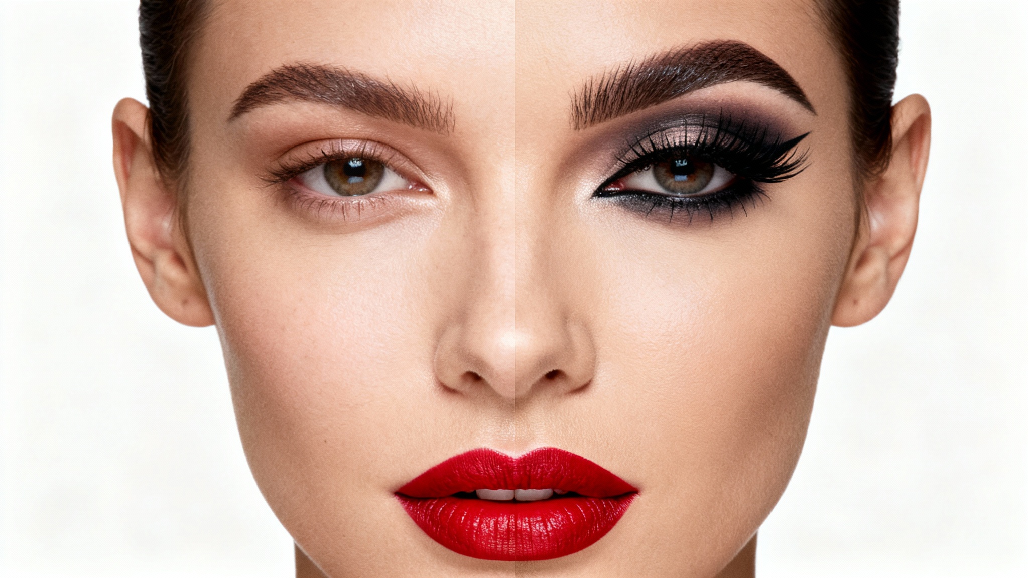 A close-up of a woman's face, split to show a before-and-after makeup application. The left side is natural, and the right side has glamorous makeup with red lipstick and smoky eyes.