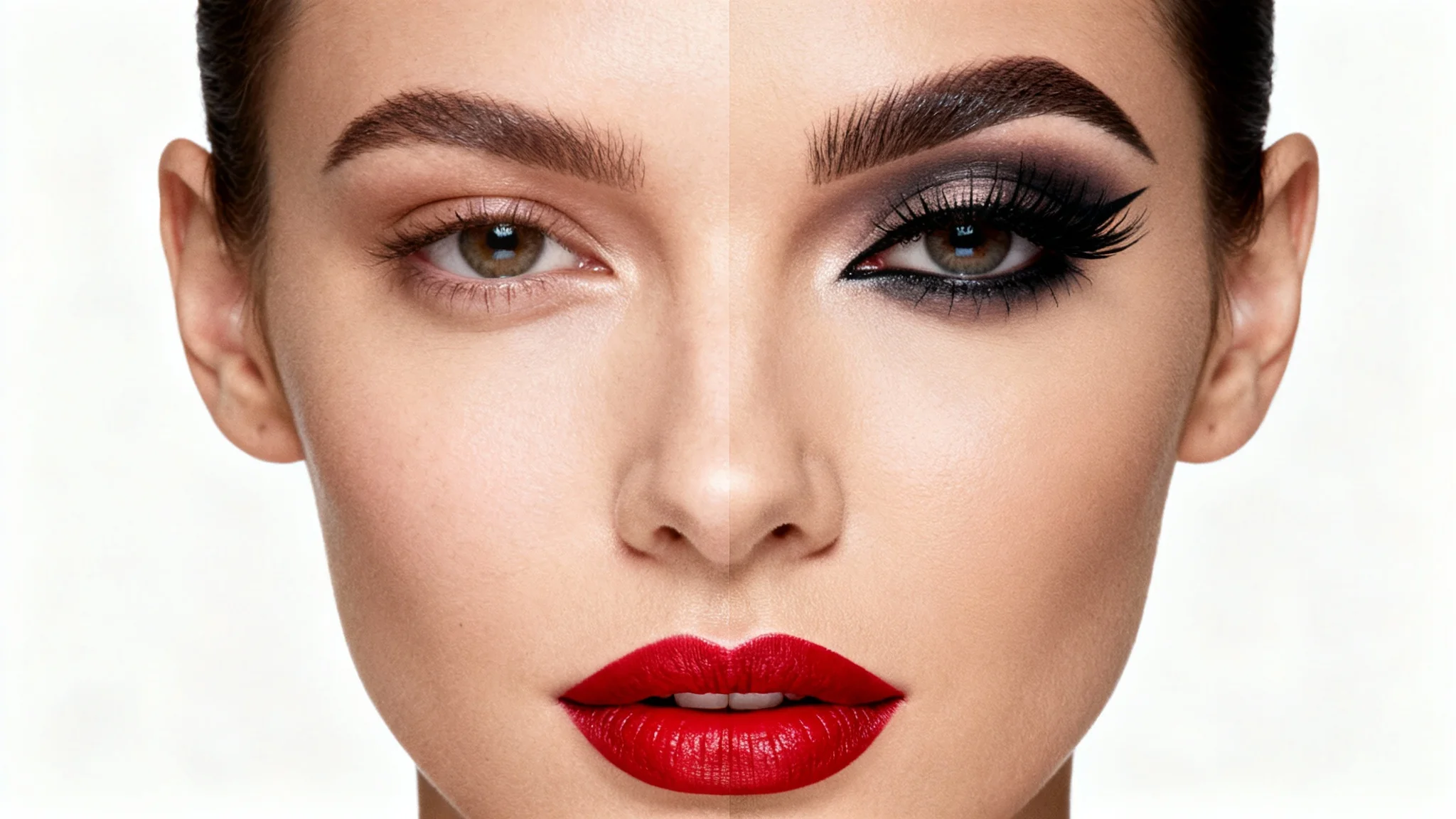 A close-up of a woman's face, split to show a before-and-after makeup application. The left side is natural, and the right side has glamorous makeup with red lipstick and smoky eyes.