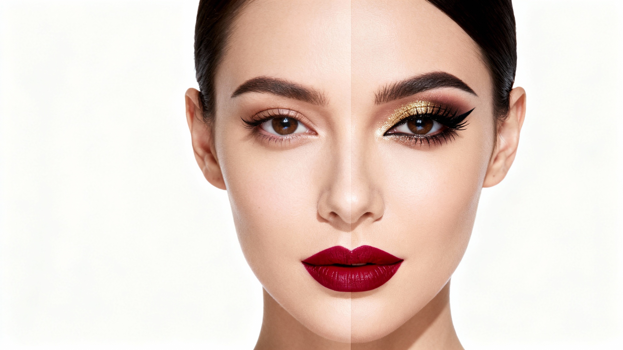 A close-up portrait of a woman's face demonstrating a makeup transformation. One half of her face is natural and makeup-free, while the other half is styled with glamorous, professional makeup against a clean white background.