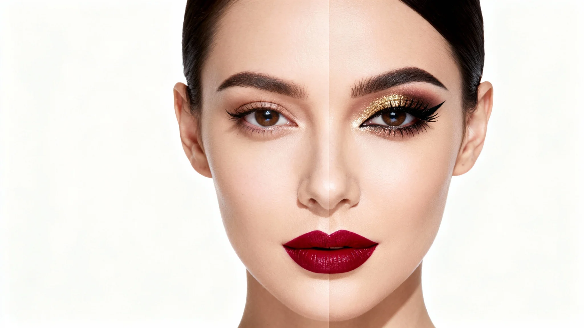 A close-up portrait of a woman's face demonstrating a makeup transformation. One half of her face is natural and makeup-free, while the other half is styled with glamorous, professional makeup against a clean white background.