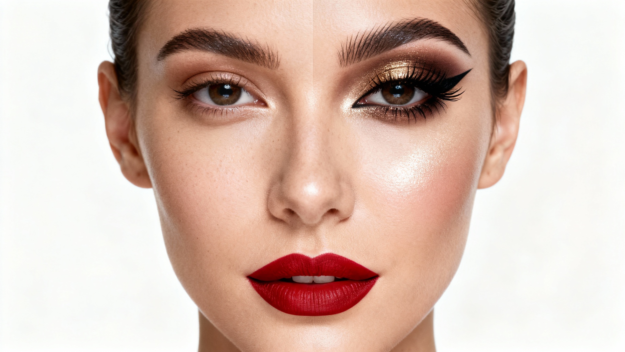 A split-view close-up of a woman's face, demonstrating a 'before and after' makeup application. One half is natural and bare, while the other features a full, glamorous makeup look.
