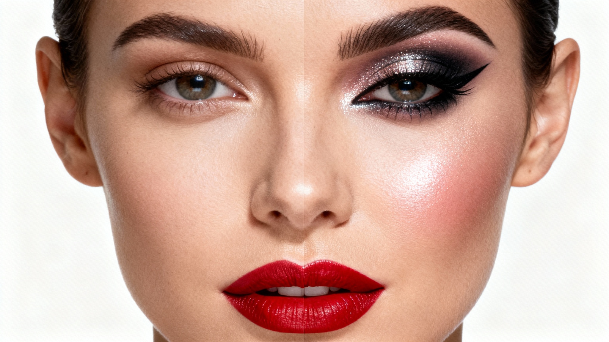 A close-up split-face portrait of a woman, with one side showing her natural, no-makeup look and the other side featuring a complete, glamorous makeup application, demonstrating a before-and-after effect on a white background.