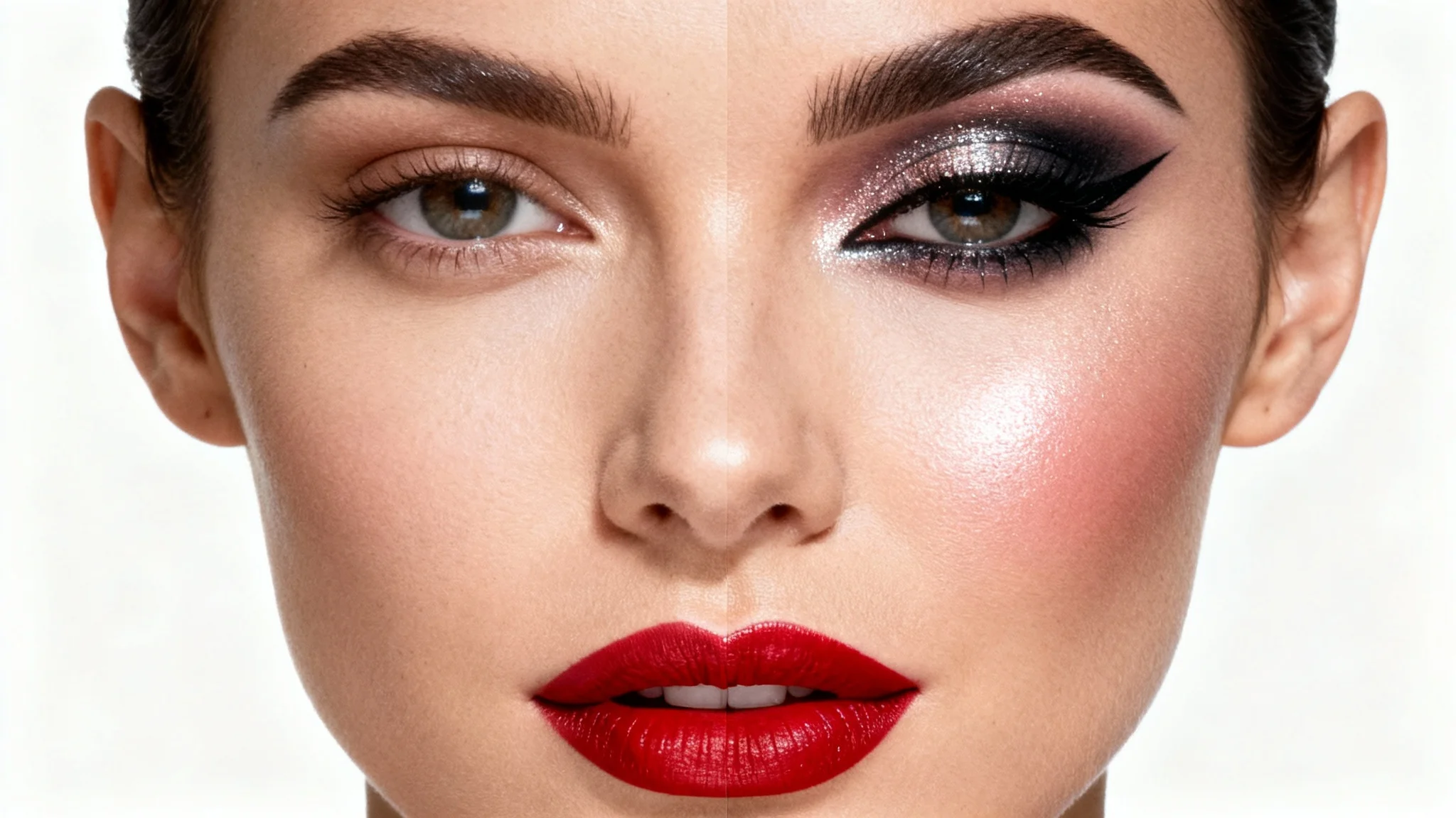 A close-up split-face portrait of a woman, with one side showing her natural, no-makeup look and the other side featuring a complete, glamorous makeup application, demonstrating a before-and-after effect on a white background.