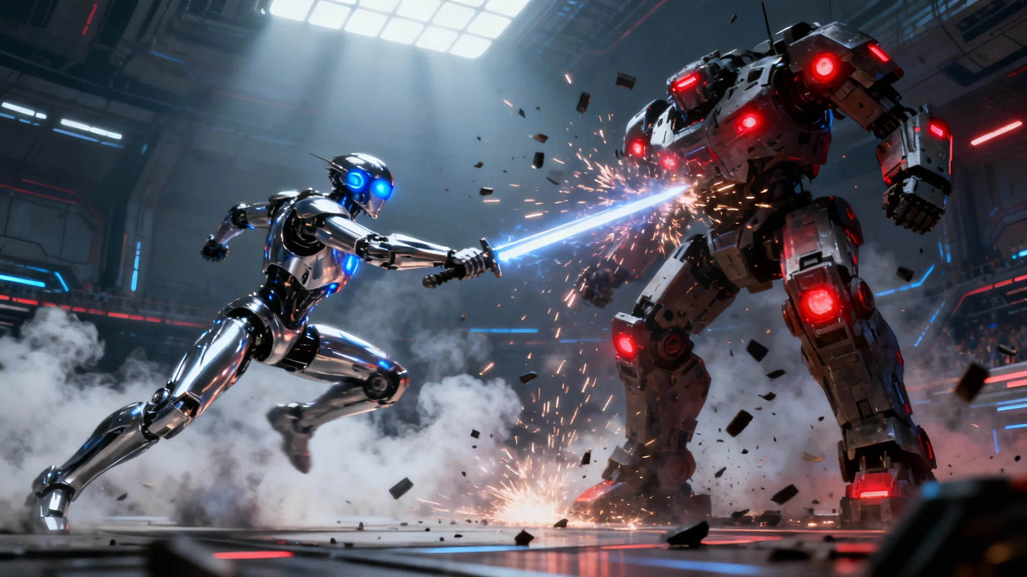 An epic, cinematic image of two futuristic robots engaged in a fierce battle inside a sci-fi arena, with sparks flying and dramatic lighting.