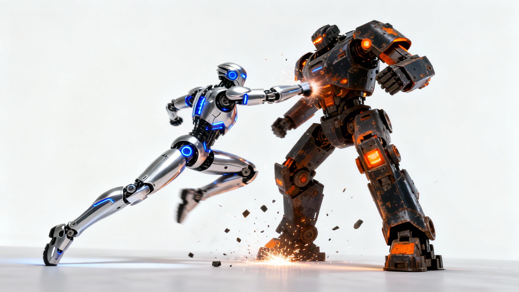 A photorealistic mockup of a robot battle, showing a sleek silver robot fighting a larger, dark metal robot against a plain white background.