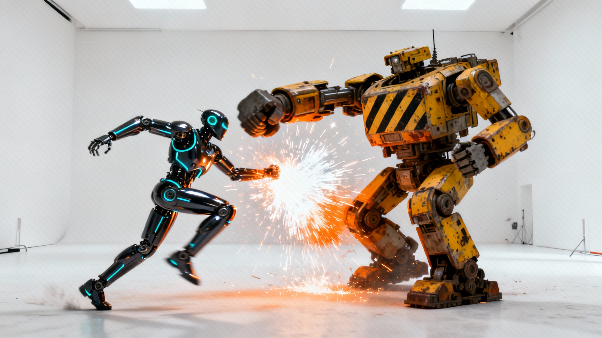 A photorealistic image depicting a fierce robot battle between a sleek dark chrome robot and a heavy industrial yellow robot, set against a clean white background with sparks flying.