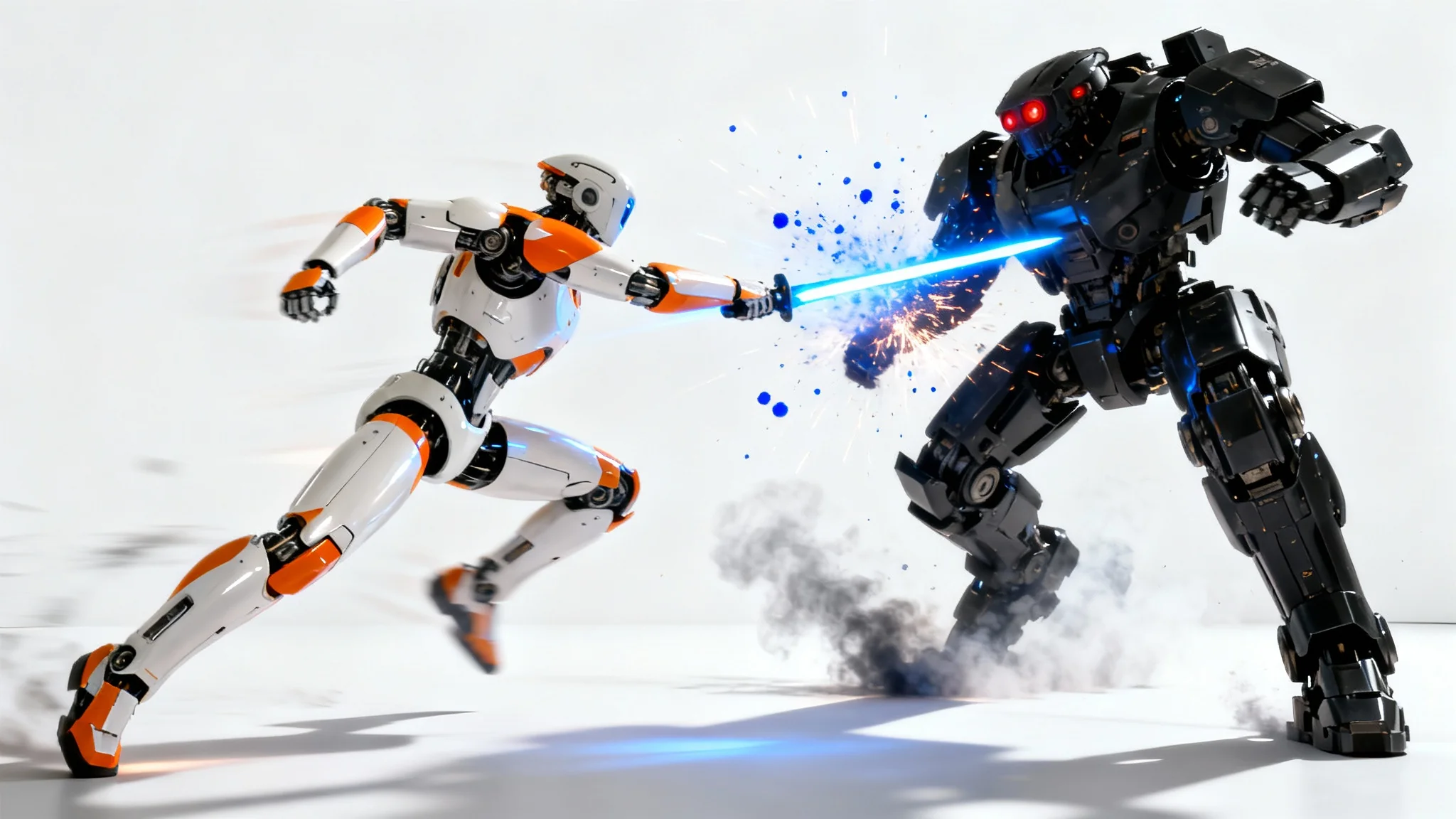 A photorealistic mockup of a robot battle, showing a sleek white and orange robot clashing with a heavy, dark mech against a clean white background, with sparks flying.