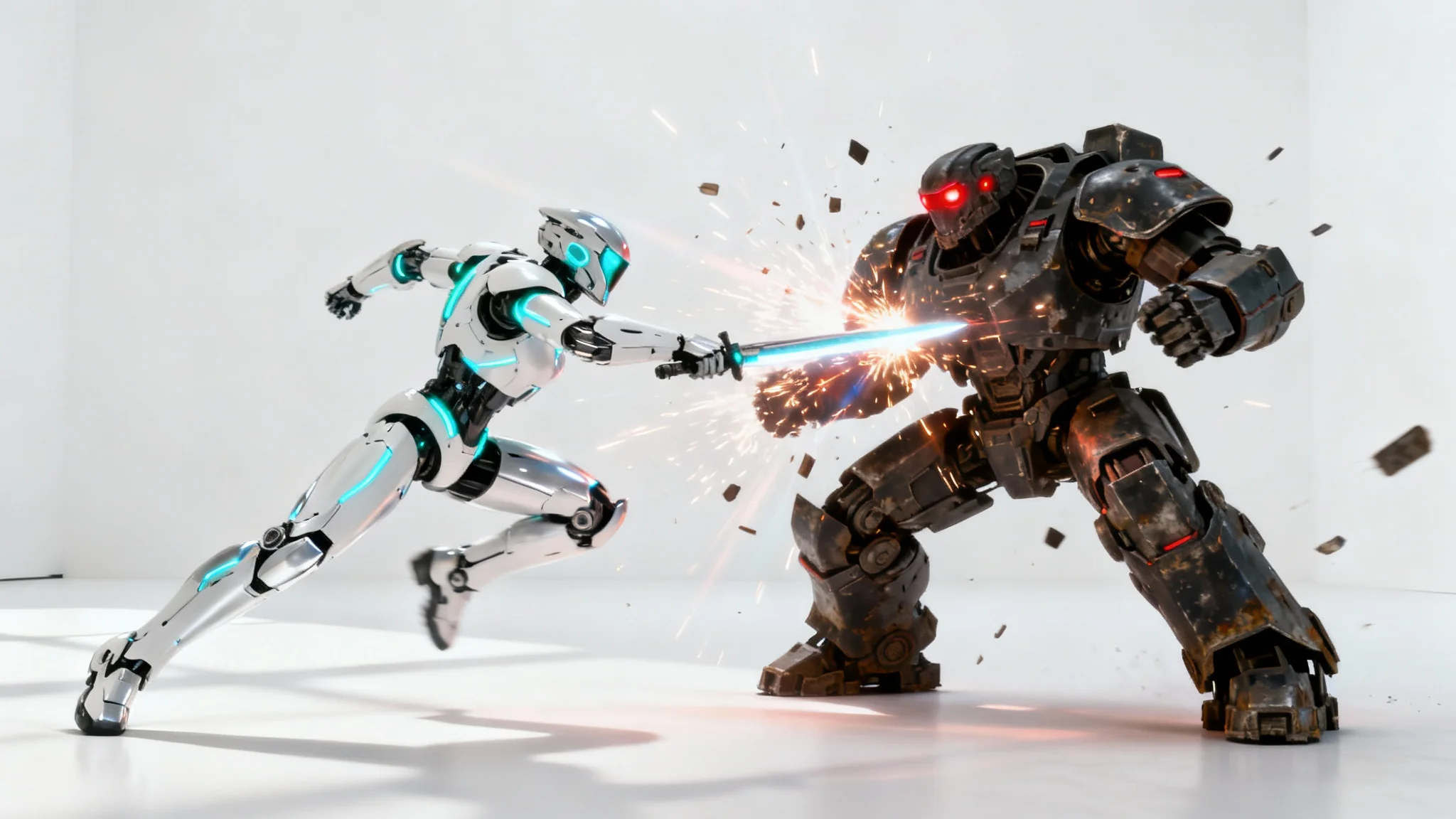 A photorealistic mockup of a futuristic robot battle, showing a sleek white robot with a light sword clashing against a heavy-duty dark robot on a pure white background.