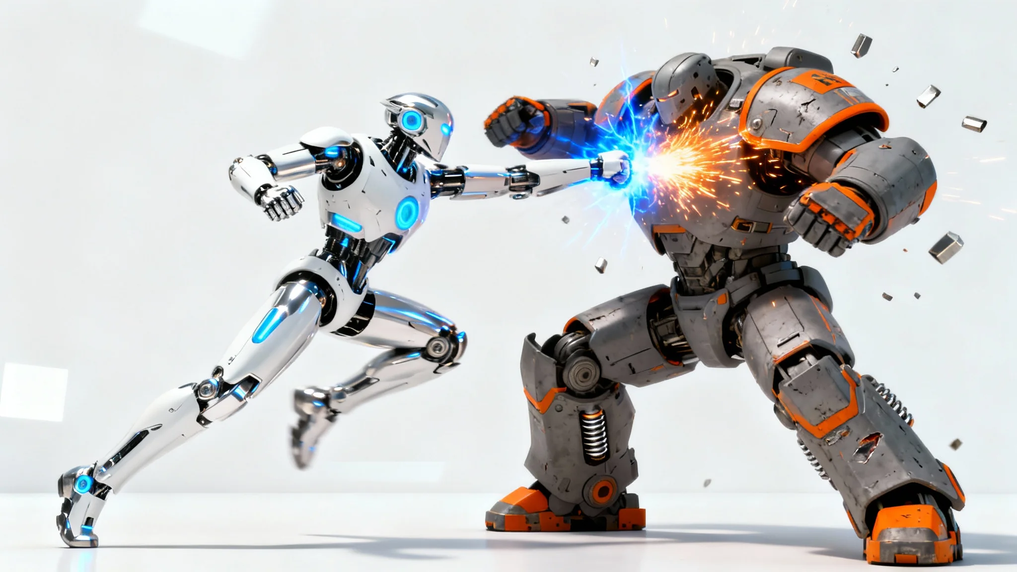 A hyper-realistic action shot of two futuristic robots battling against a white background. A sleek white and chrome robot punches a larger, gray and orange robot, causing a shower of sparks.