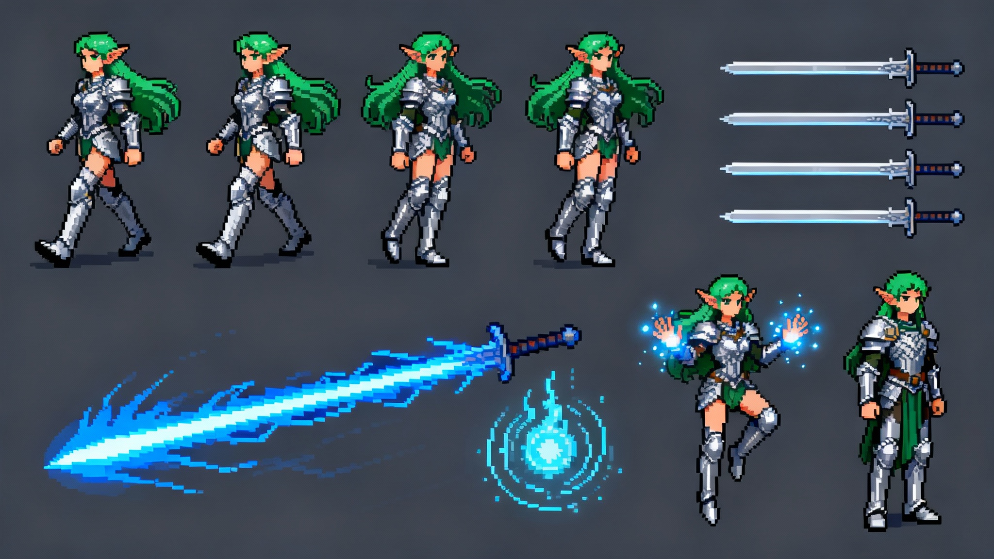 A professionally designed RPG sprite sheet showing a female elf warrior in pixel art. The sheet includes animations for walking, attacking with a sword, and casting spells, all set against a clean, dark background.