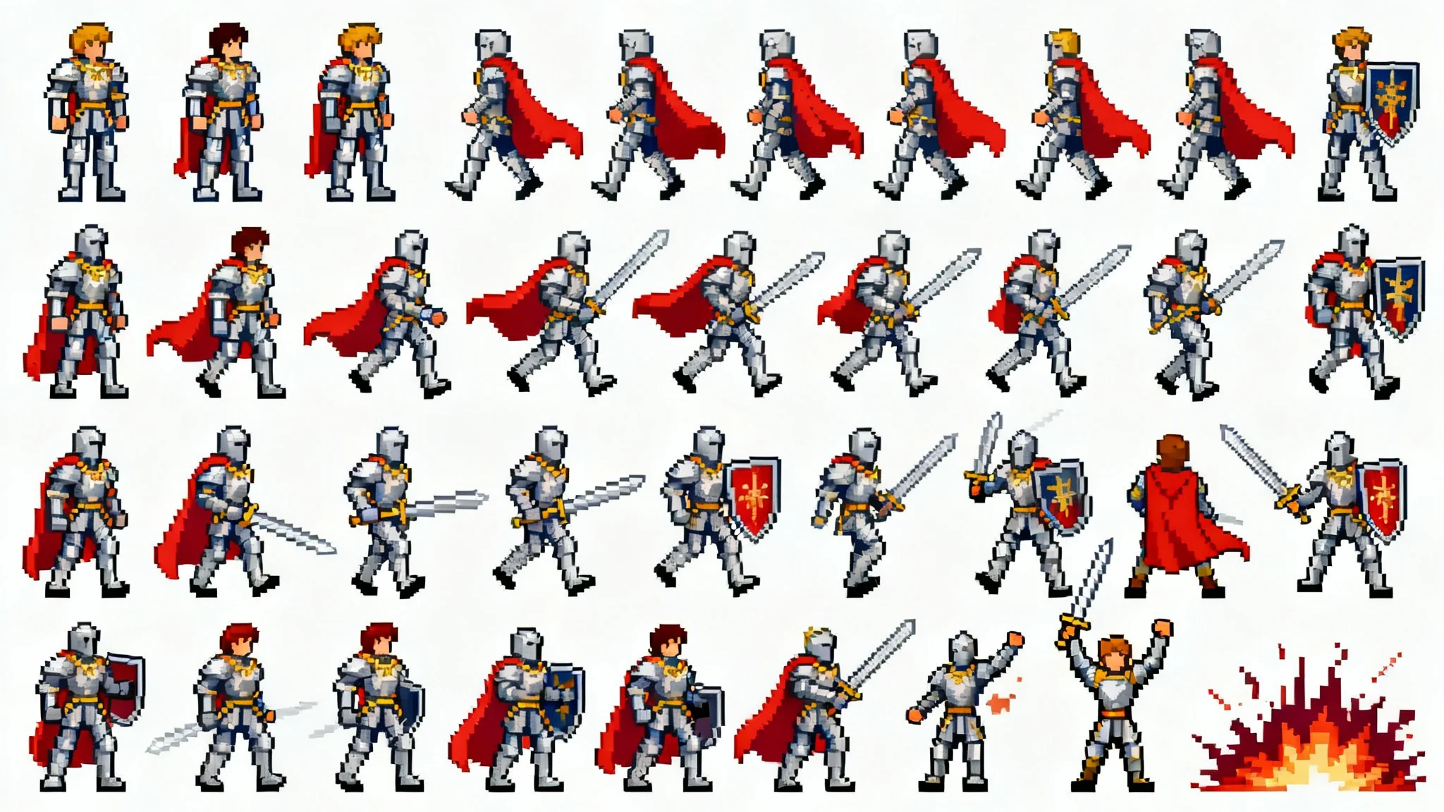 A 16-bit pixel art sprite sheet of a fantasy knight character, showing various animations like walking, attacking, and idling, set against a white background.