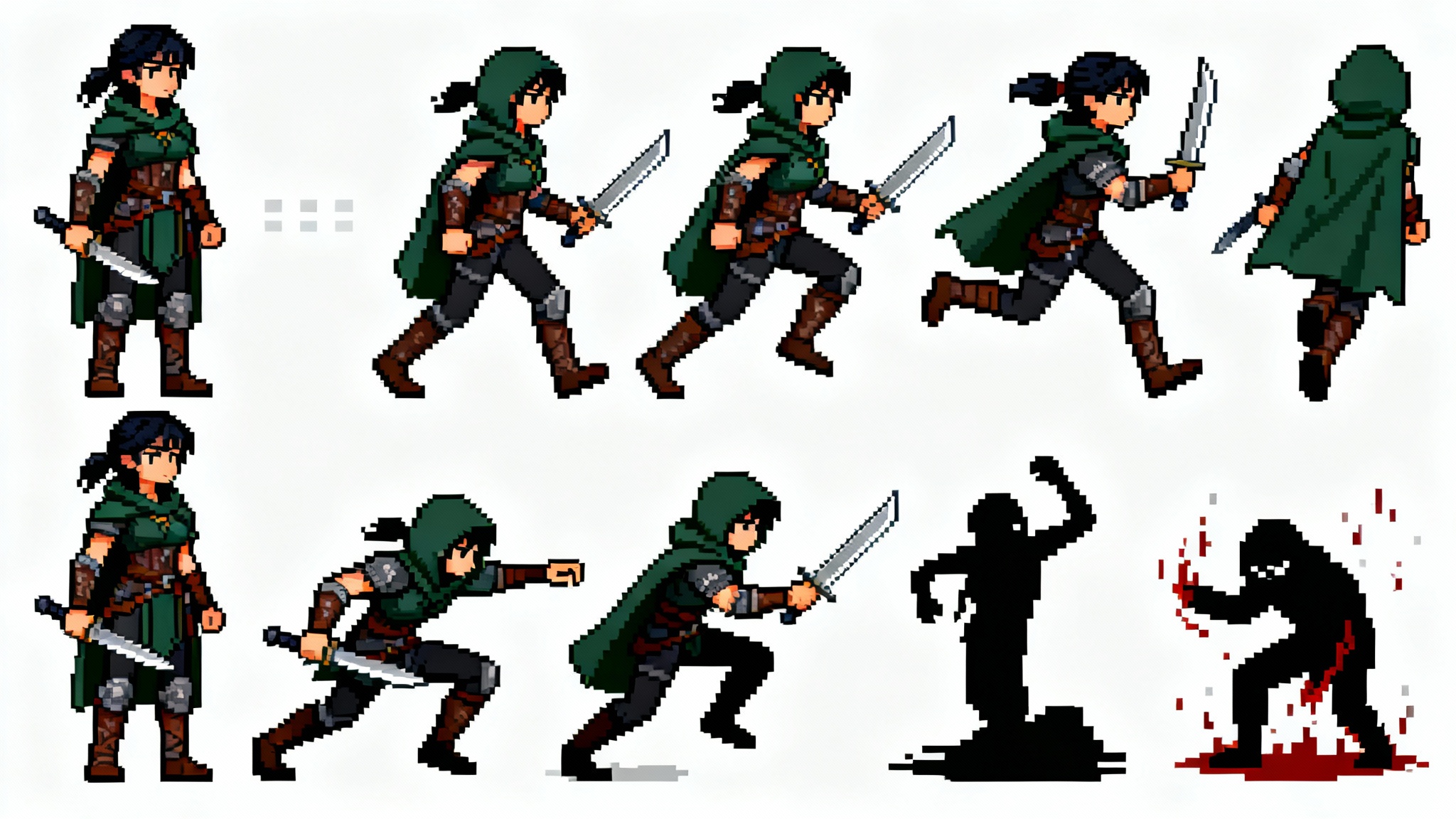 A 16-bit pixel art RPG character sprite sheet showing a female rogue in various poses like walking, running, and attacking, displayed on a white background.