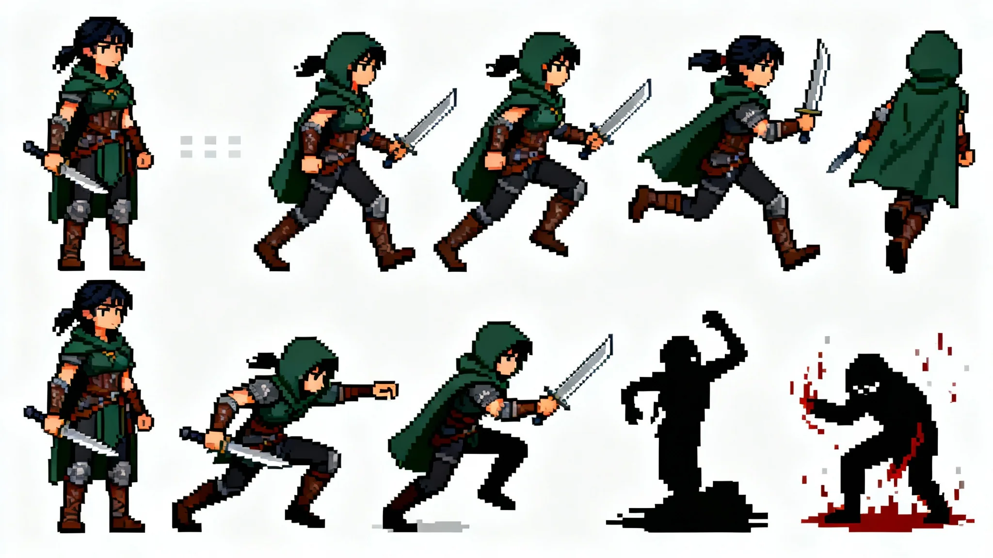 A 16-bit pixel art RPG character sprite sheet showing a female rogue in various poses like walking, running, and attacking, displayed on a white background.