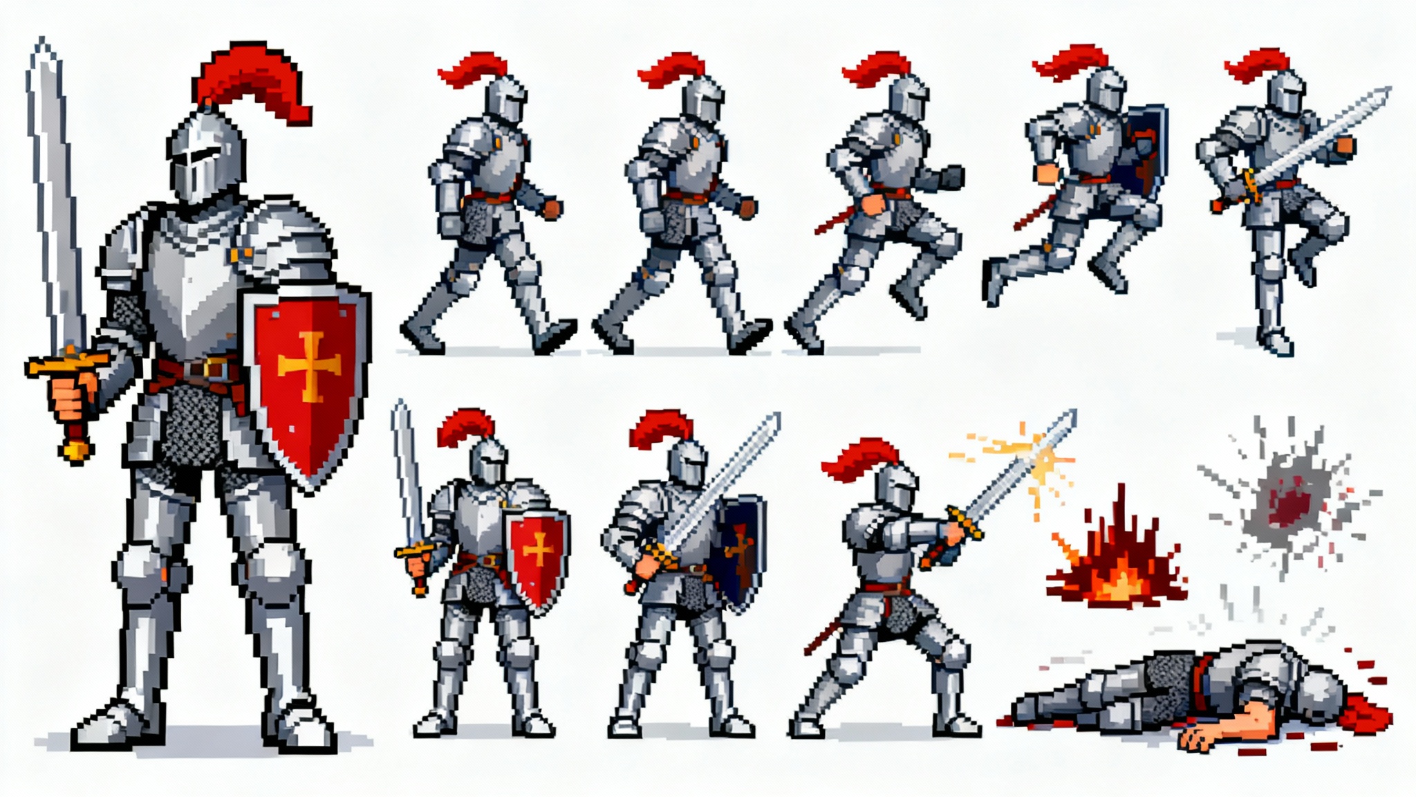 A 16-bit pixel art sprite sheet of a knight character, showing various animations for an RPG, including walking, attacking, and defending.