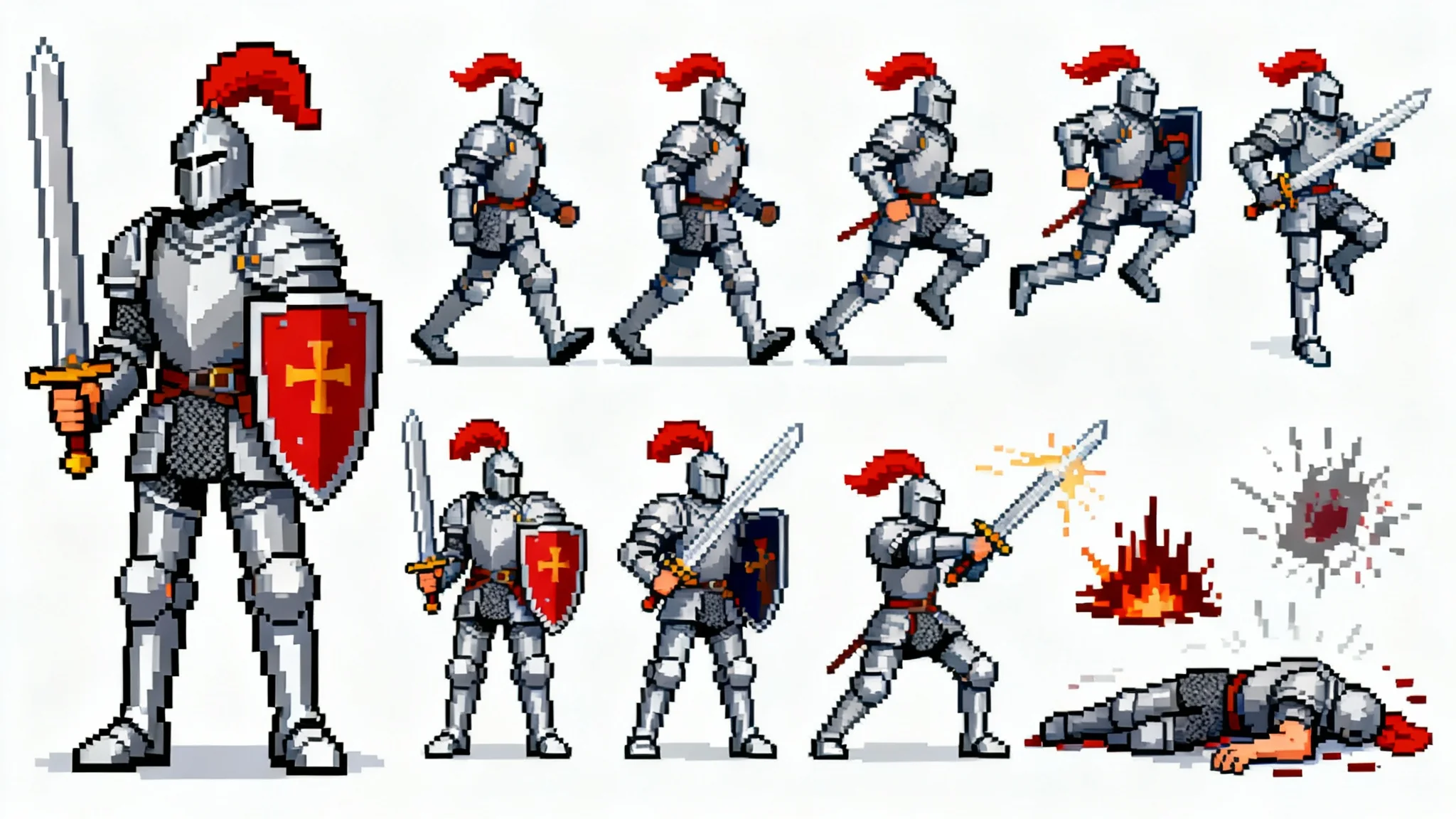 A 16-bit pixel art sprite sheet of a knight character, showing various animations for an RPG, including walking, attacking, and defending.