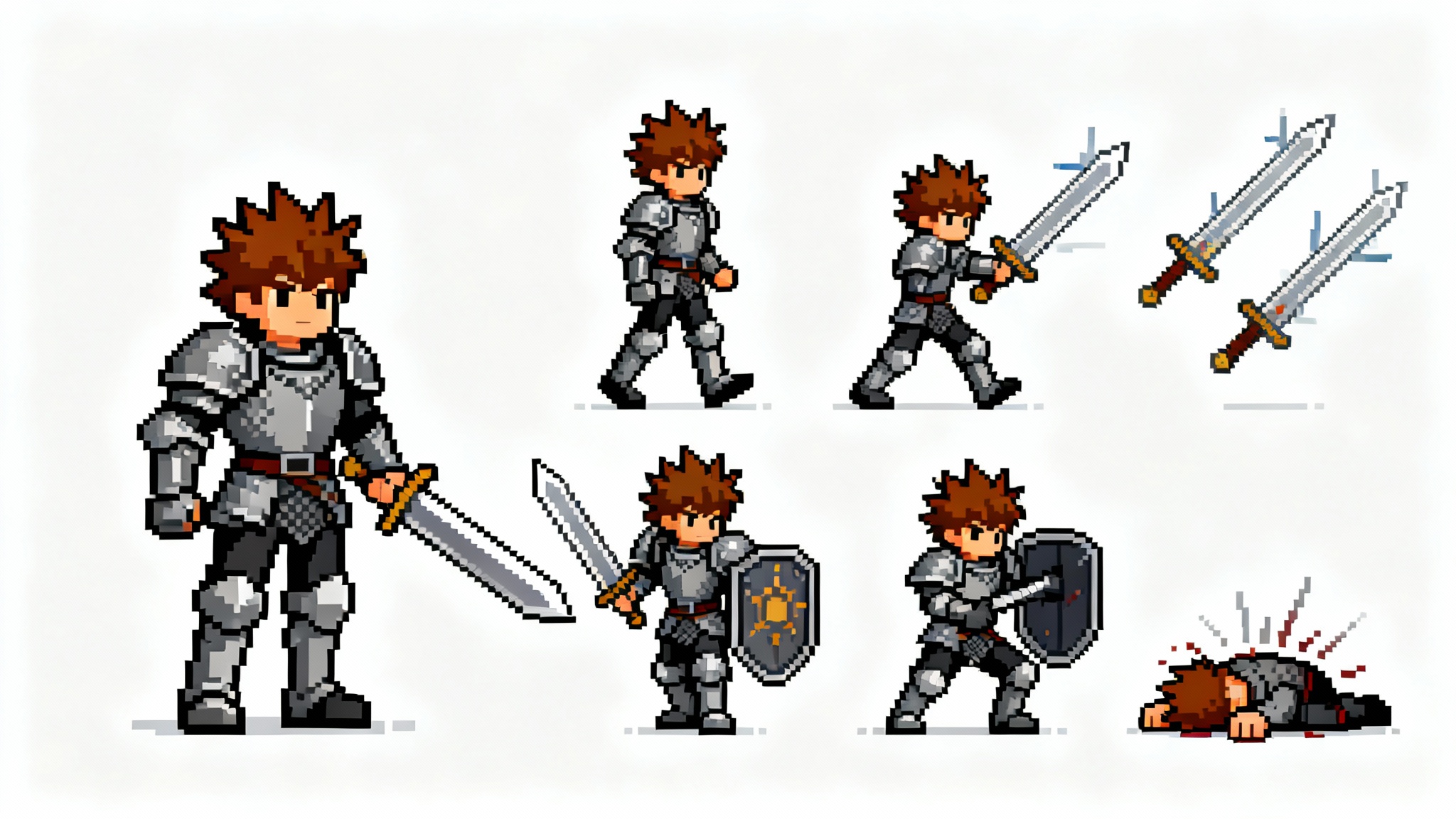 A 16-bit pixel art sprite sheet for an RPG warrior character, displaying various animation frames like walking and attacking, all arranged in a grid on a white background.