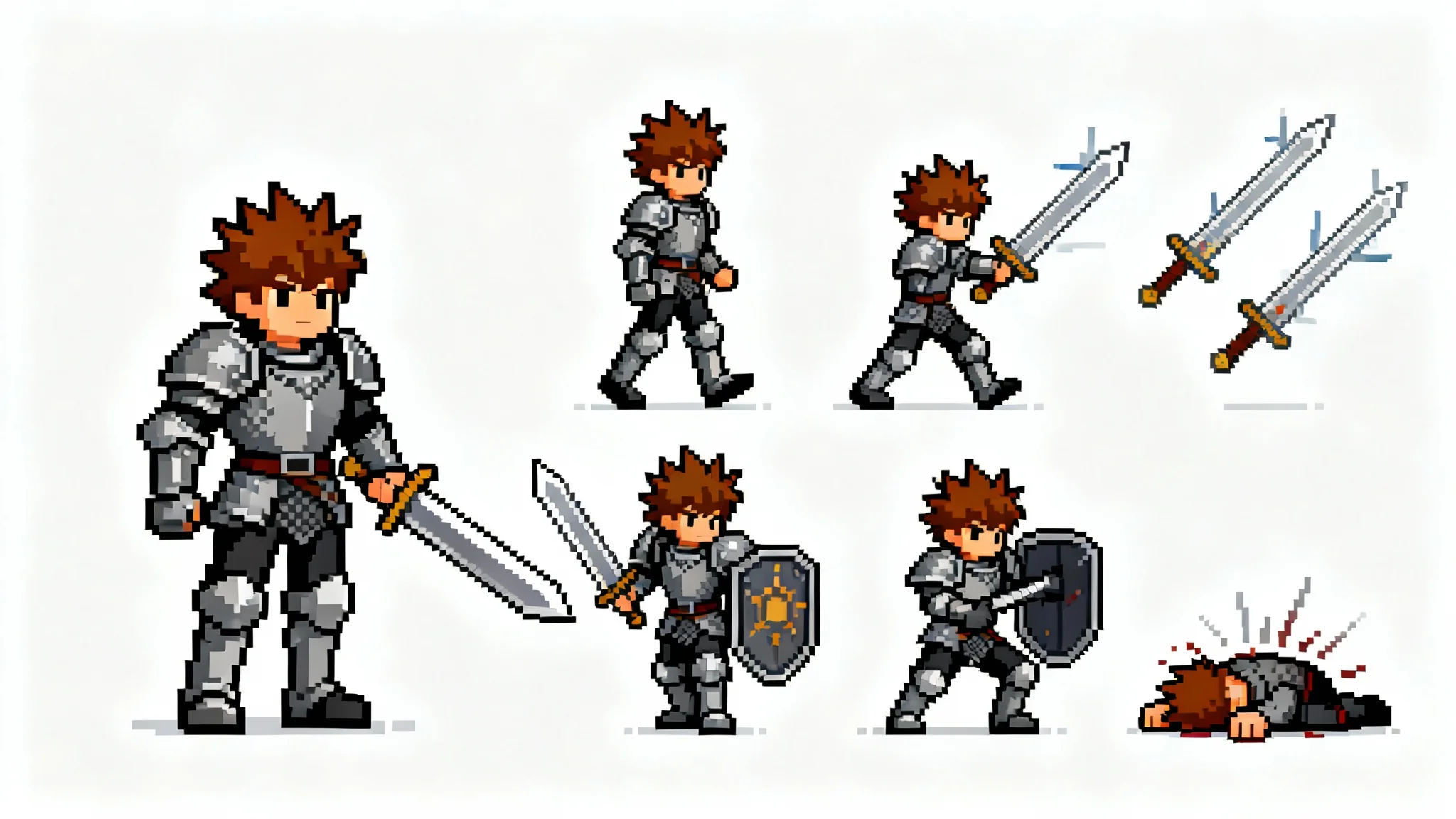 A 16-bit pixel art sprite sheet for an RPG warrior character, displaying various animation frames like walking and attacking, all arranged in a grid on a white background.