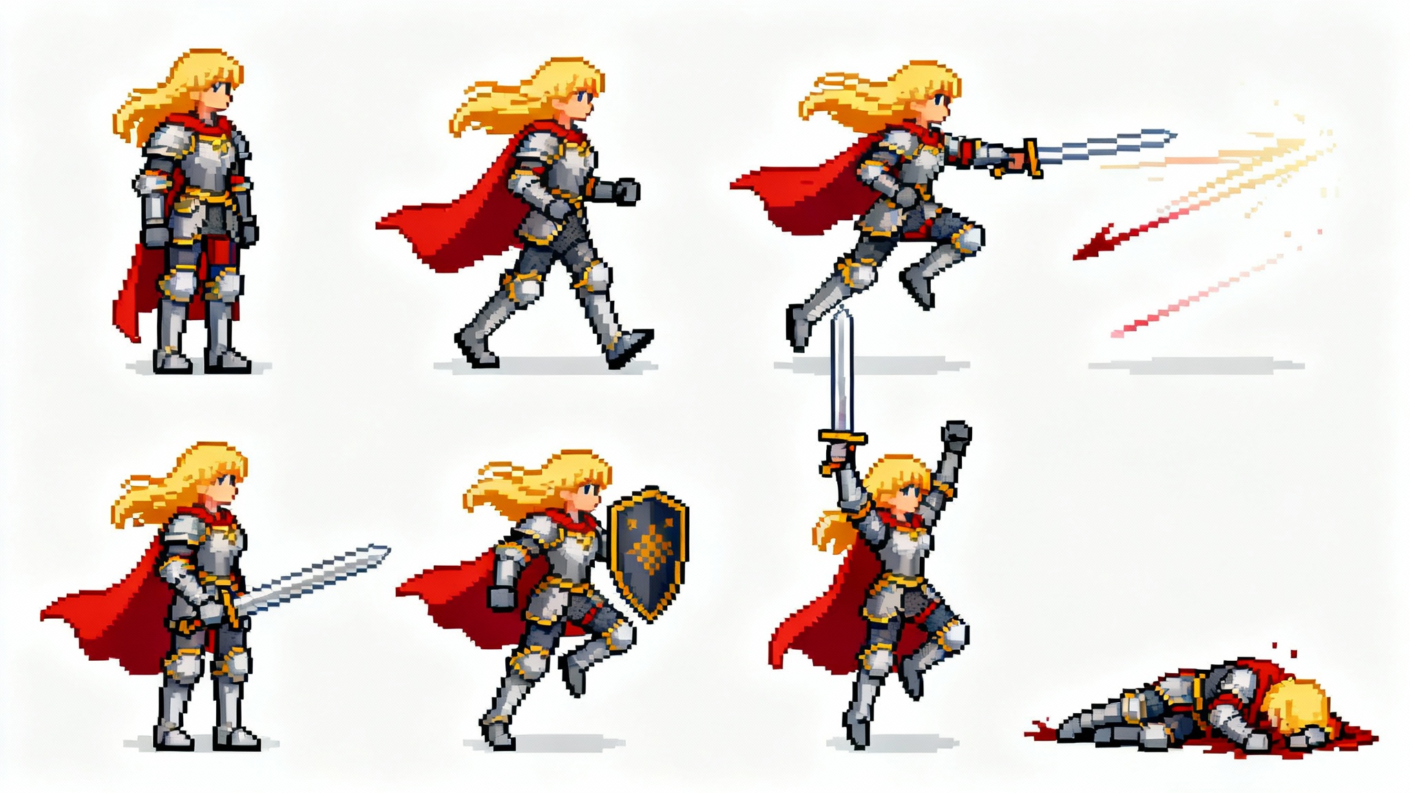 A pixel art sprite sheet of a female knight character for an RPG game, displaying various poses like standing, walking, attacking, and defending, arranged neatly in a grid on a white background.