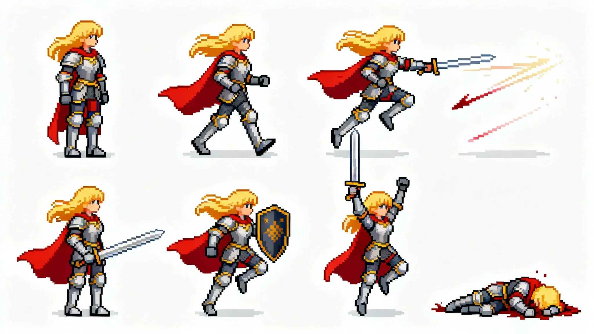 A pixel art sprite sheet of a female knight character for an RPG game, displaying various poses like standing, walking, attacking, and defending, arranged neatly in a grid on a white background.