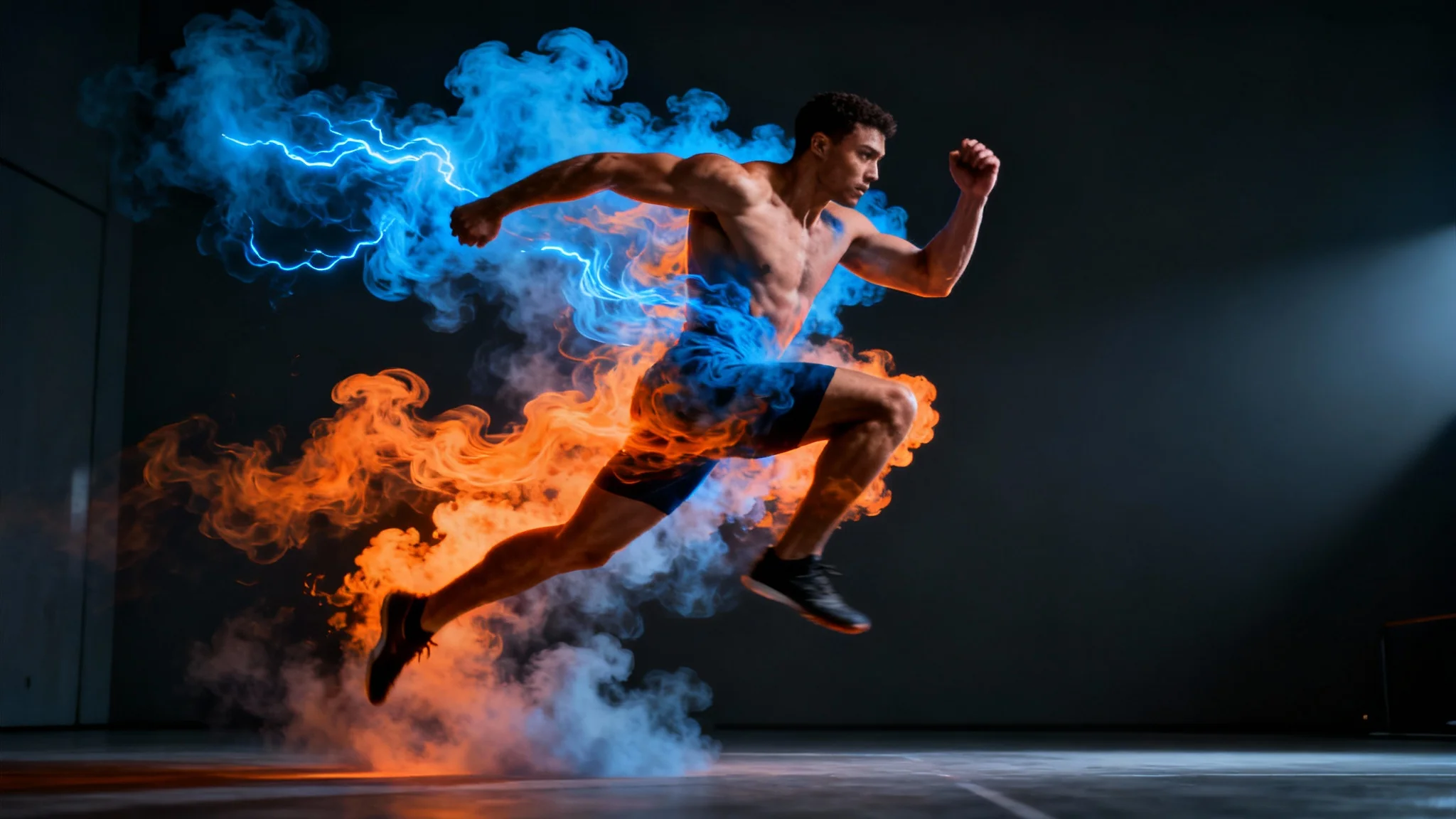 A stunning hero image showcasing a smoke effect, with an athlete frozen in mid-air surrounded by vibrant blue and orange smoke.