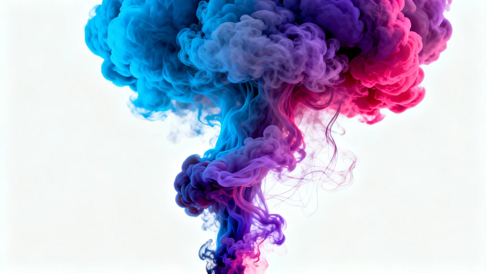 A hyper-realistic image of a thick, swirling plume of smoke in vibrant shades of blue, pink, and purple, set against a clean white background.