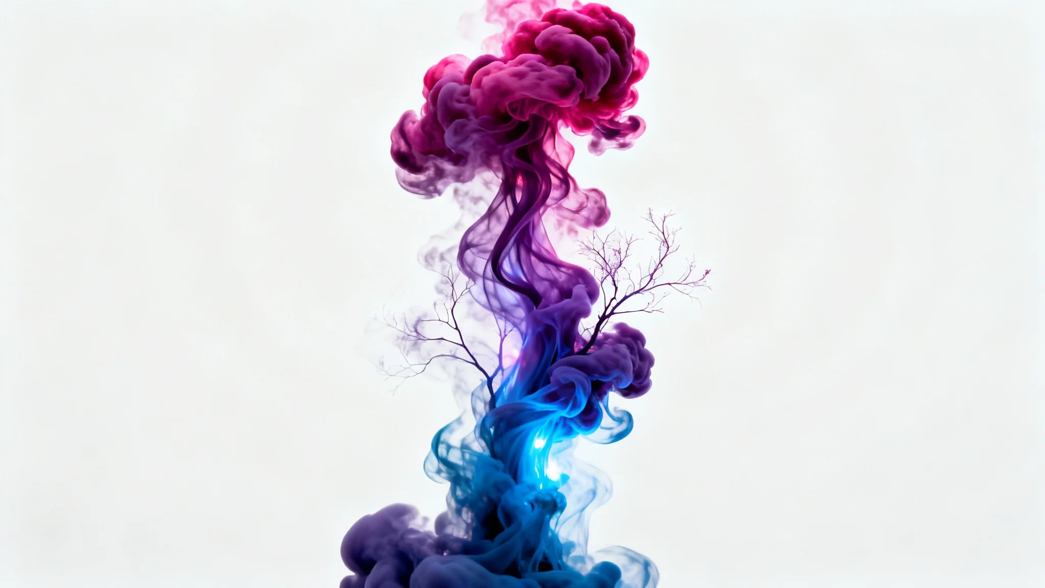 A vibrant, high-resolution plume of purple, blue, and magenta smoke swirling gracefully against a plain white background.