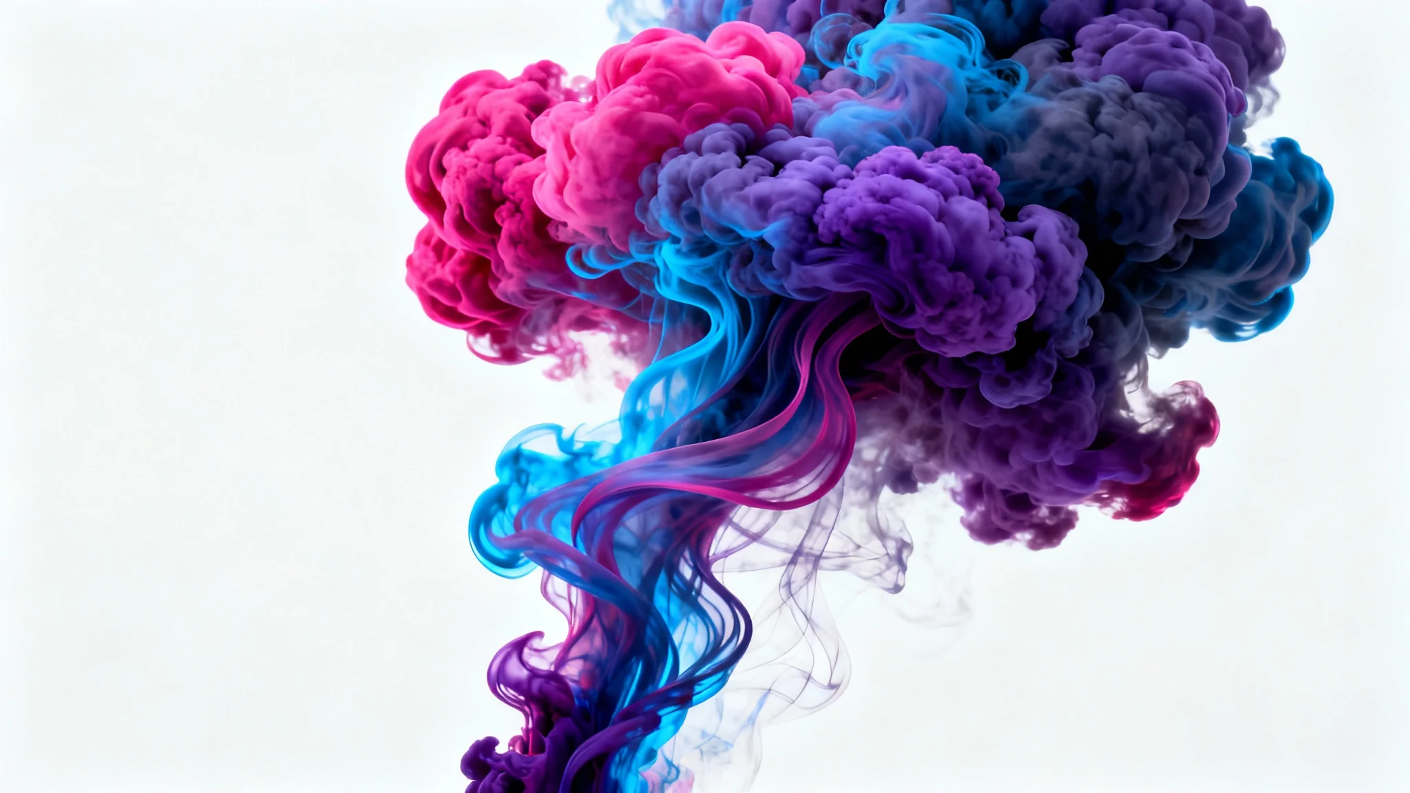 A vibrant, multi-colored swirl of smoke in shades of purple, blue, and magenta, set against a clean white background, demonstrating a smoke effect.