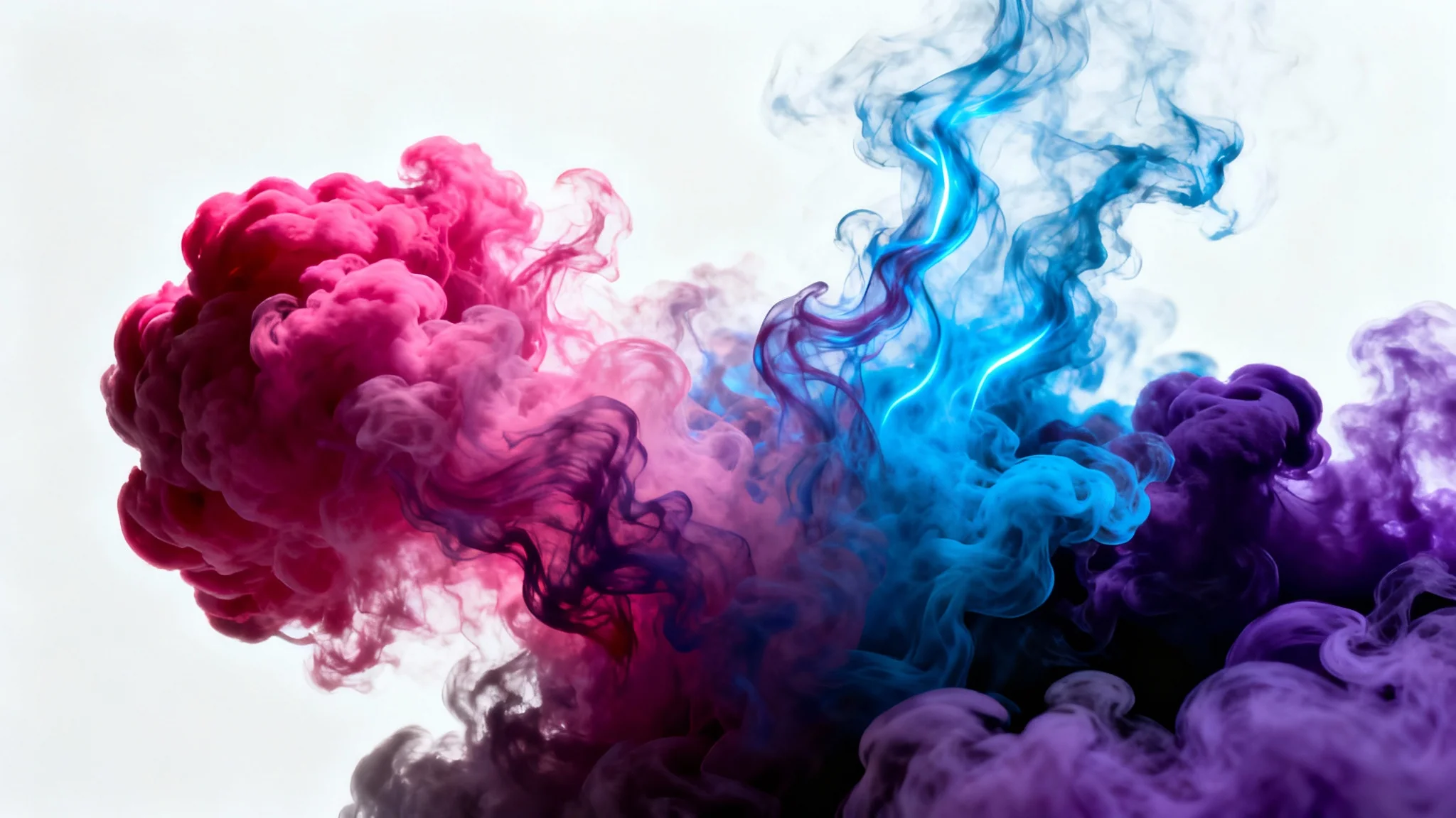 A dynamic and colorful plume of smoke, featuring intertwined swirls of magenta, blue, and purple, captured in high detail against a plain white background.