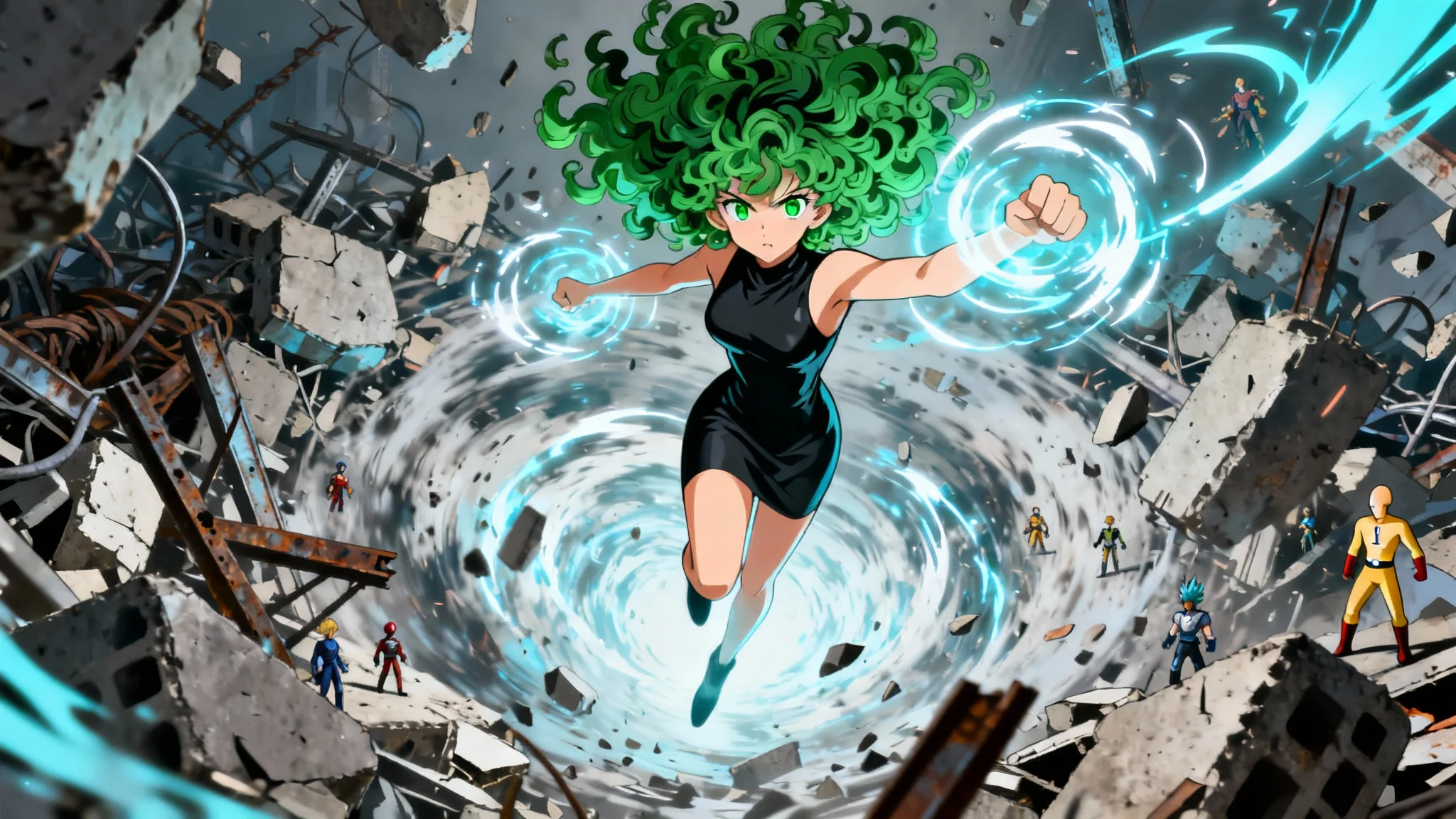 A cinematic digital artwork of Tatsumaki from One-Punch Man, levitating with psychic power amidst a whirlwind of debris, her green hair and black dress flowing dramatically.