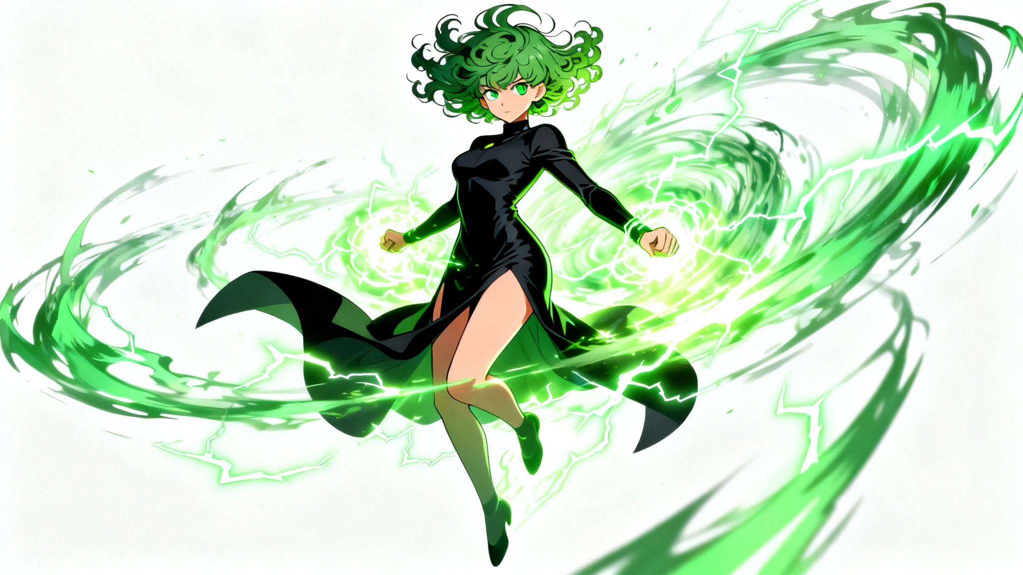 A digital anime illustration of Tatsumaki from One Punch Man, powerfully floating in mid-air against a white background, surrounded by a swirling, glowing green psychic aura.