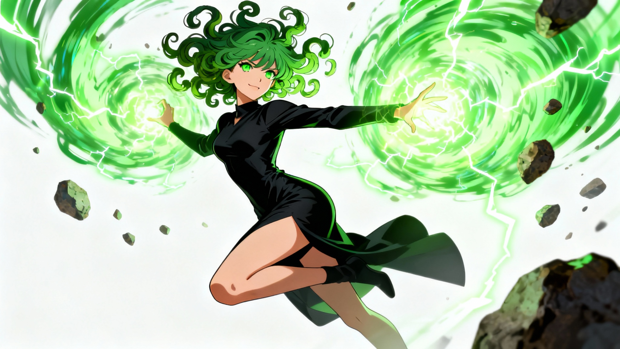 A digital art illustration of Tatsumaki from One Punch Man floating powerfully against a white background, surrounded by a swirling green psychic aura.