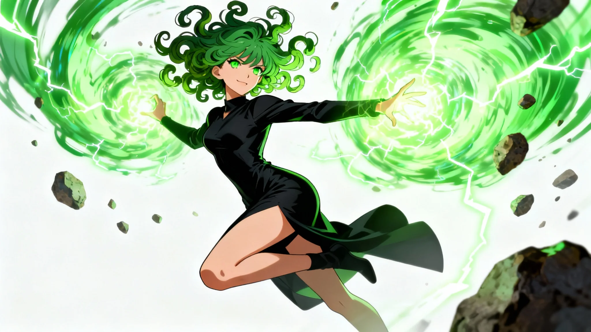 A digital art illustration of Tatsumaki from One Punch Man floating powerfully against a white background, surrounded by a swirling green psychic aura.