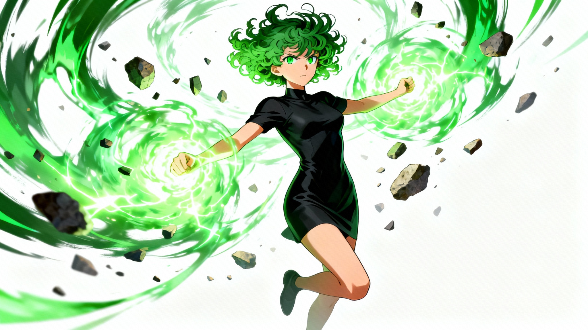 A dynamic digital art piece of Tatsumaki from One-Punch Man, floating confidently against a white background while surrounded by a vortex of glowing green psychic energy and floating debris.