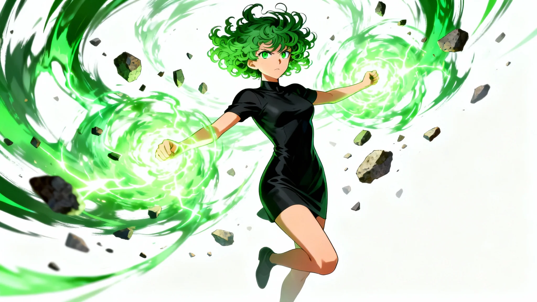 A dynamic digital art piece of Tatsumaki from One-Punch Man, floating confidently against a white background while surrounded by a vortex of glowing green psychic energy and floating debris.