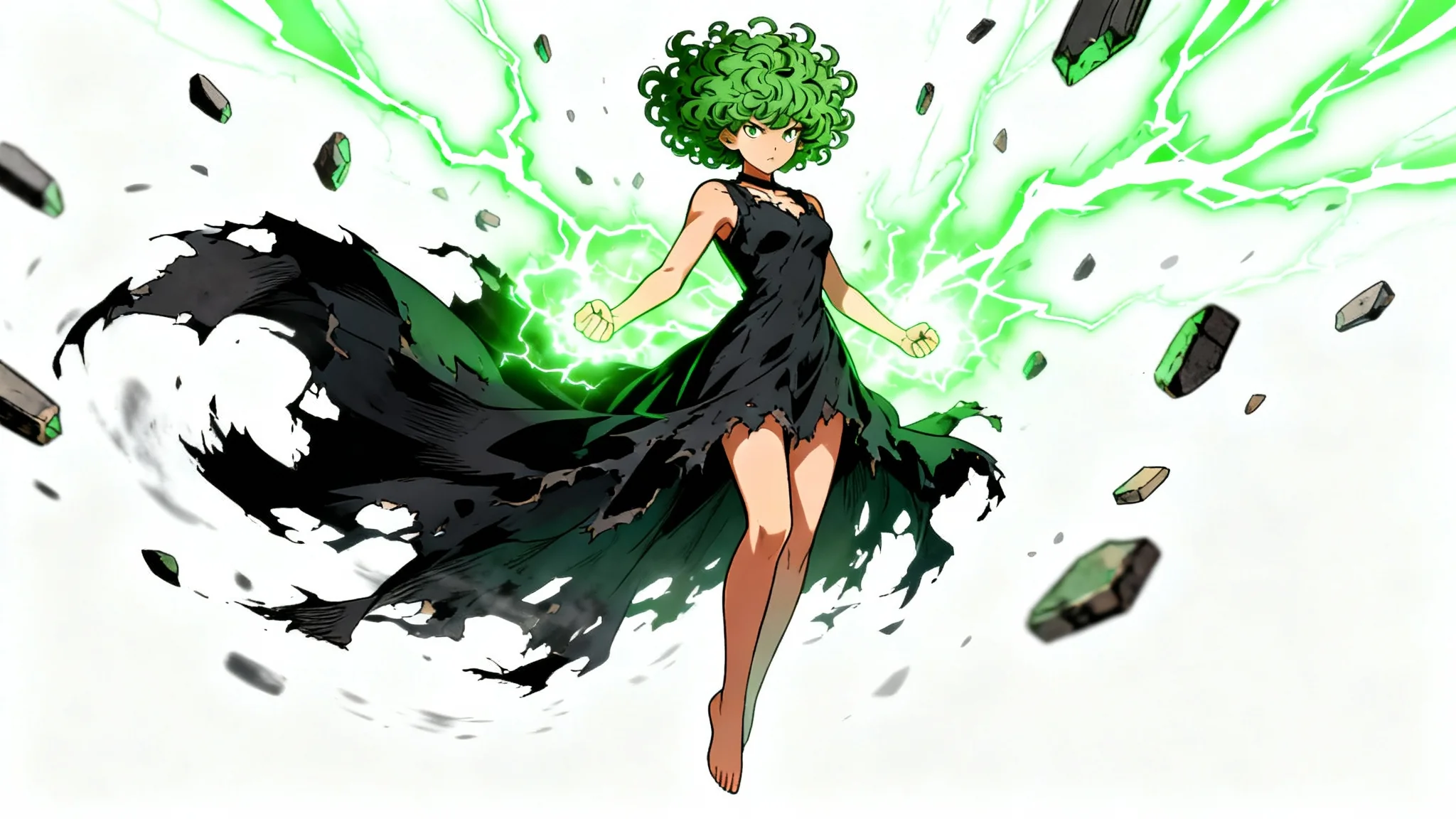 A dynamic anime illustration of Tatsumaki from One Punch Man, floating with a powerful green psychic aura against a white background.