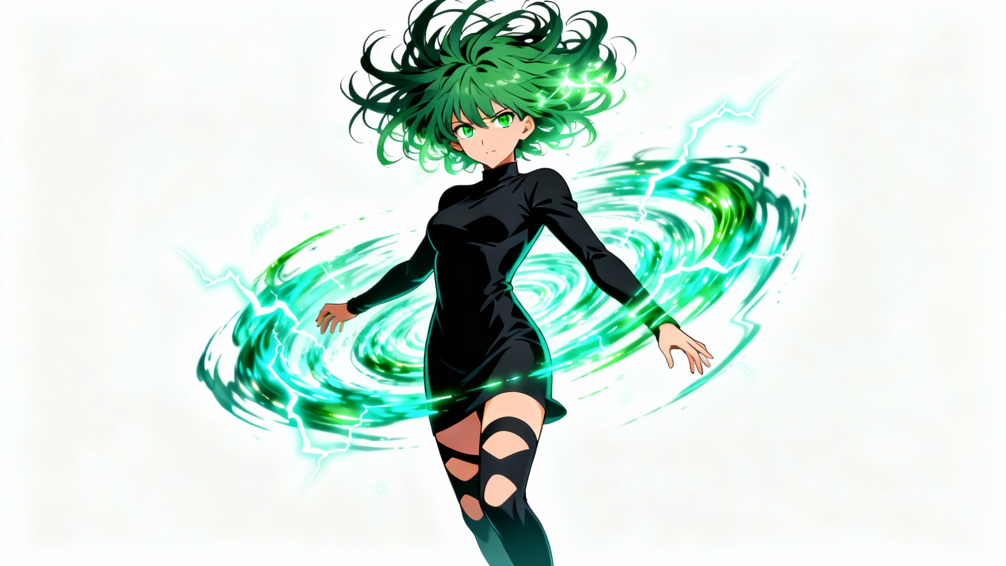 A digital art illustration of Tatsumaki from One Punch Man, floating with green psychic energy swirling around her against a clean white background.