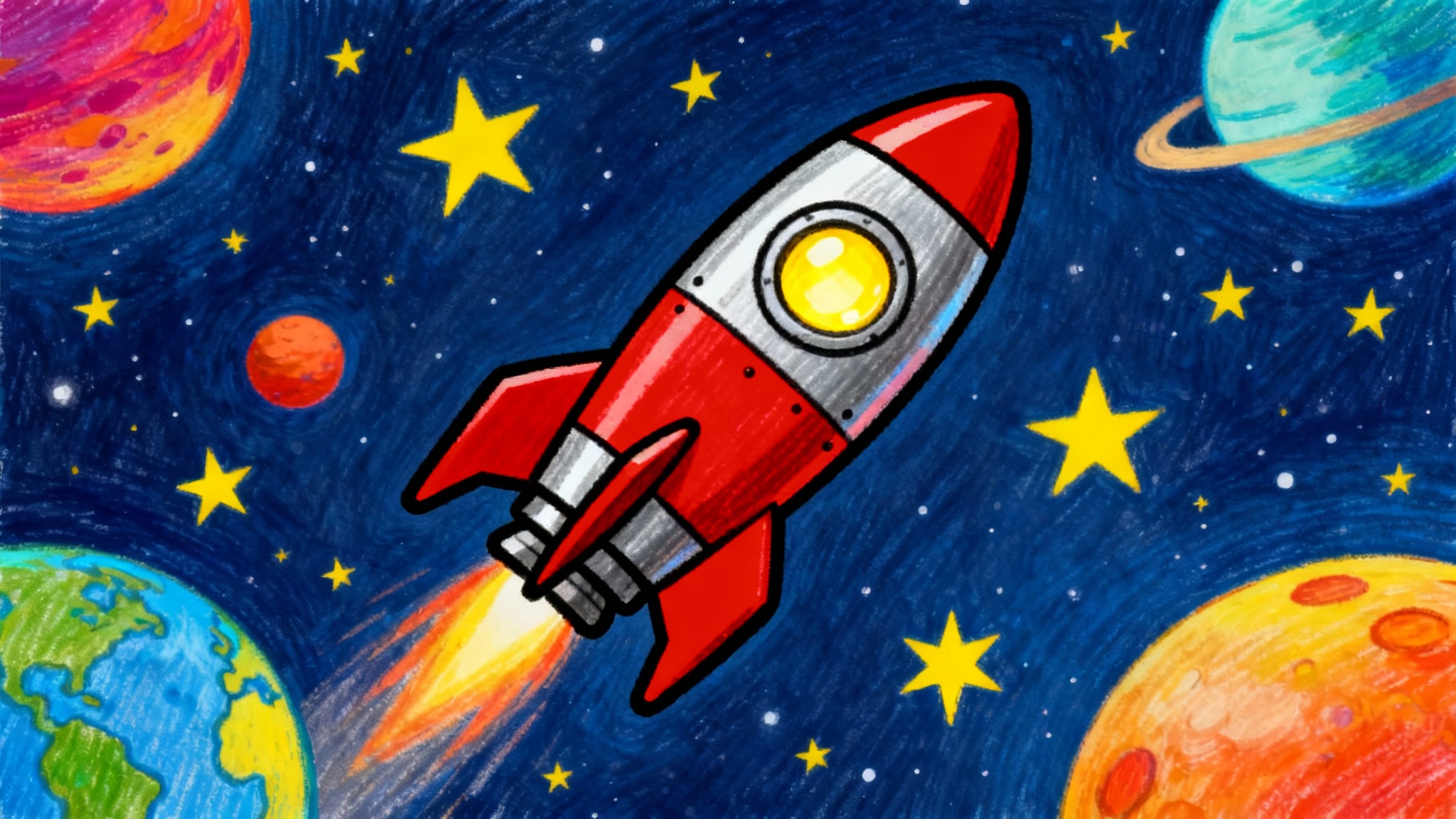 A finished coloring page showing a cartoon rocket ship in space, vibrantly colored in with reds, blues, and yellows, demonstrating the final result of the coloring activity.