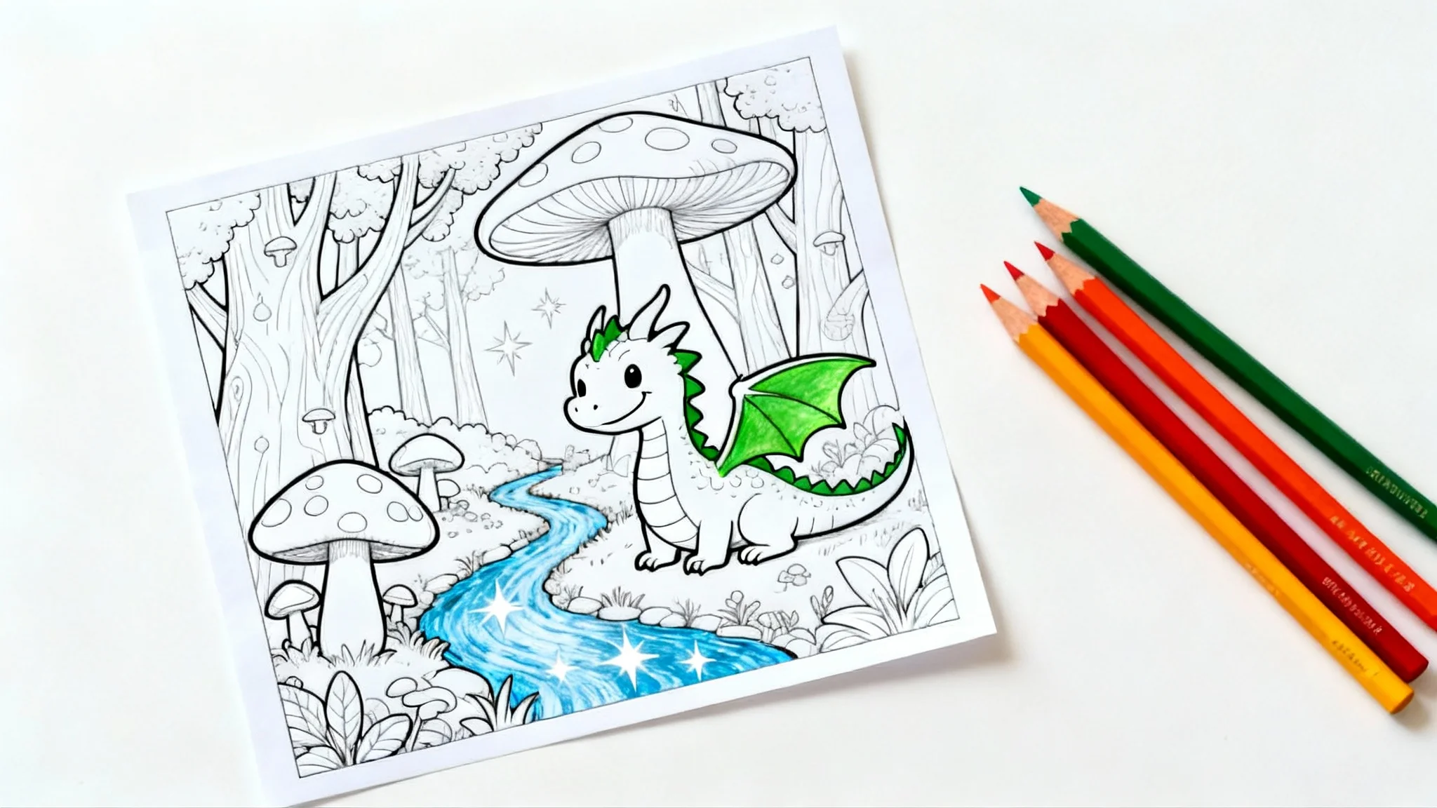 A mockup of a coloring page featuring an intricate drawing of a dragon in a magical forest. The page is partially colored in, with colored pencils placed next to it on a white background.