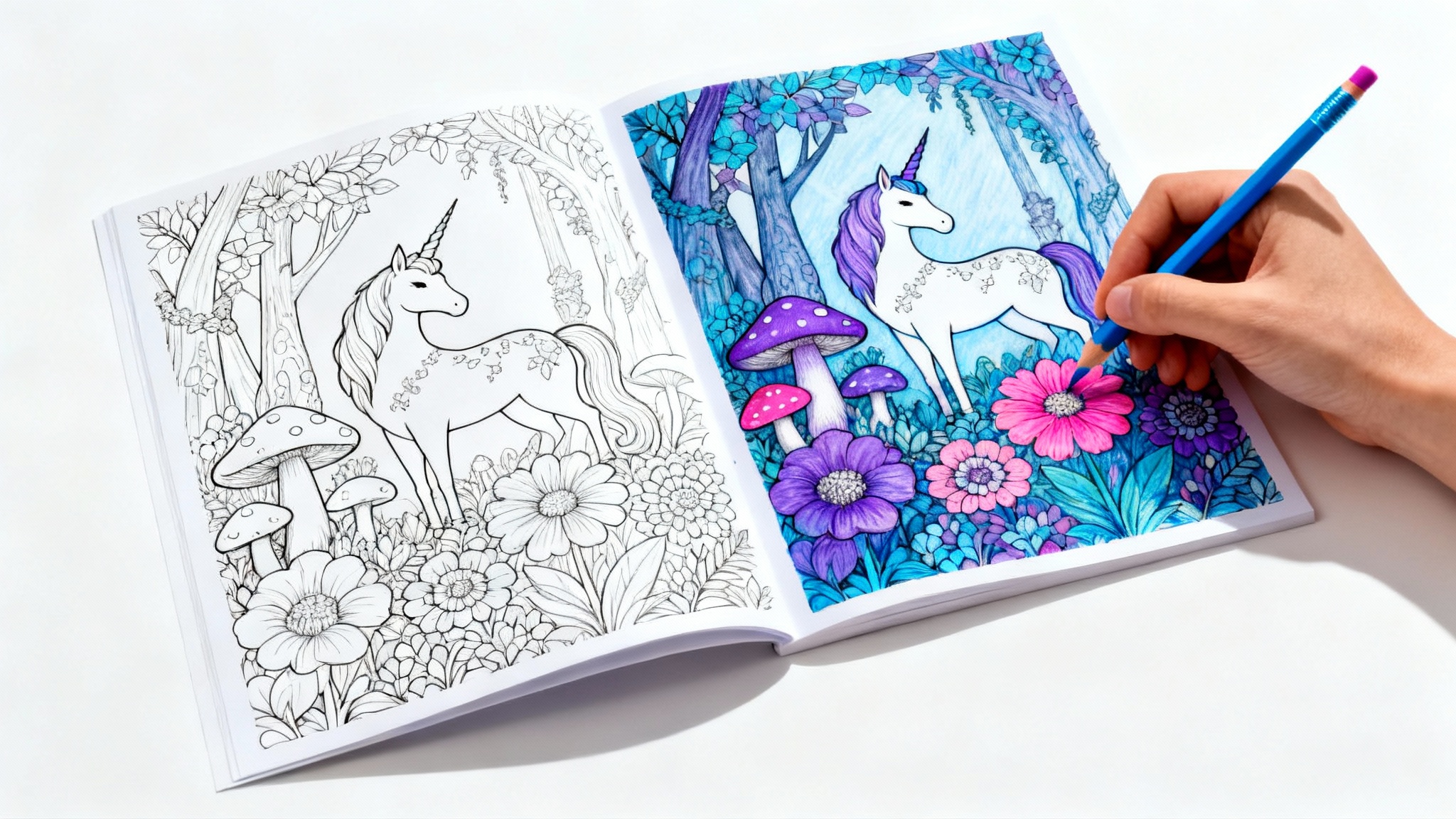 A mockup of a coloring page featuring a unicorn in a forest. Half of the page is black and white line art, and the other half is being colored in with vibrant pencils, with a hand holding a pencil to the page.