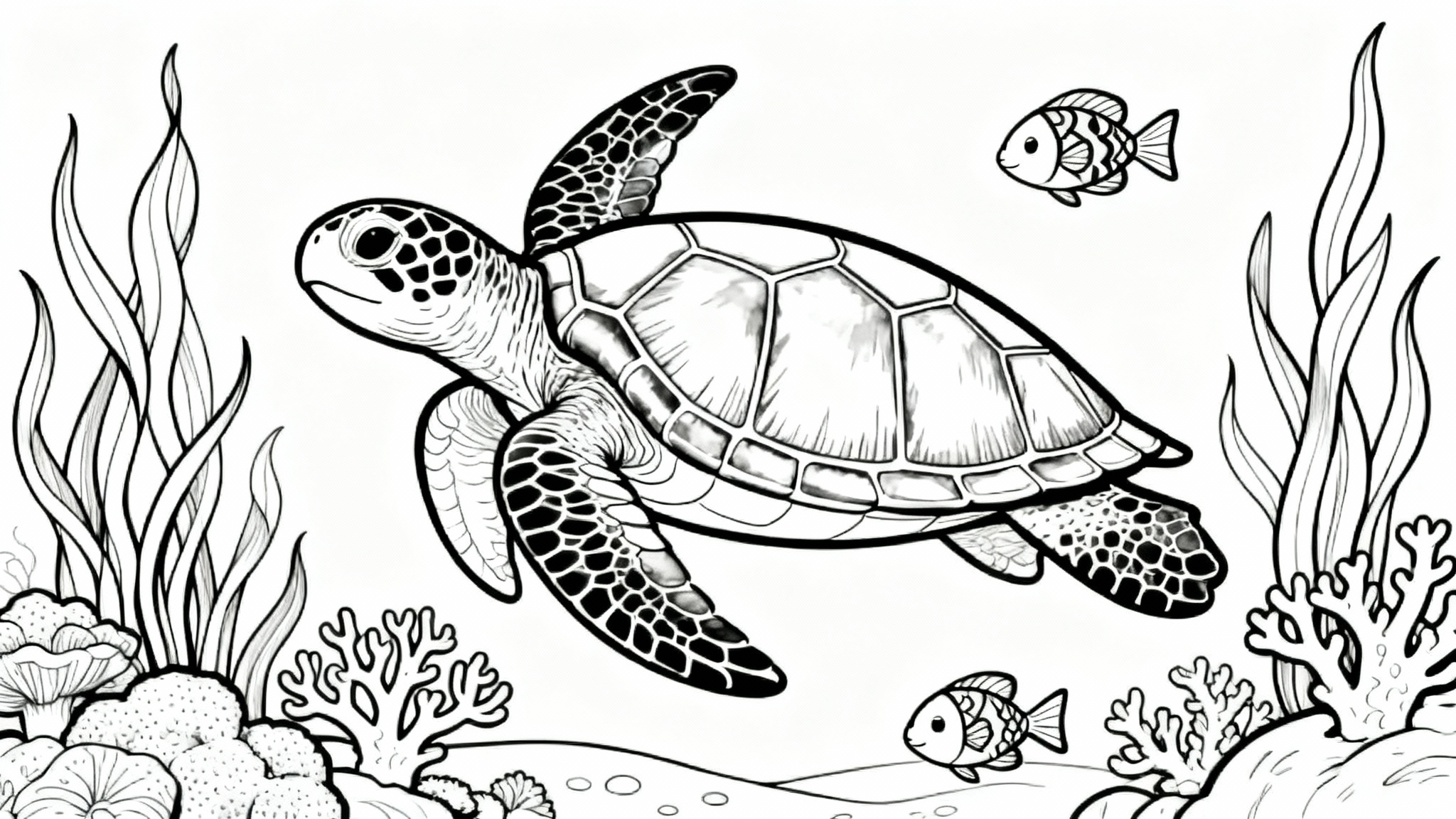 A black and white line art coloring page mockup of a detailed sea turtle swimming in an ocean filled with coral, seaweed, and fish, presented on a white background.