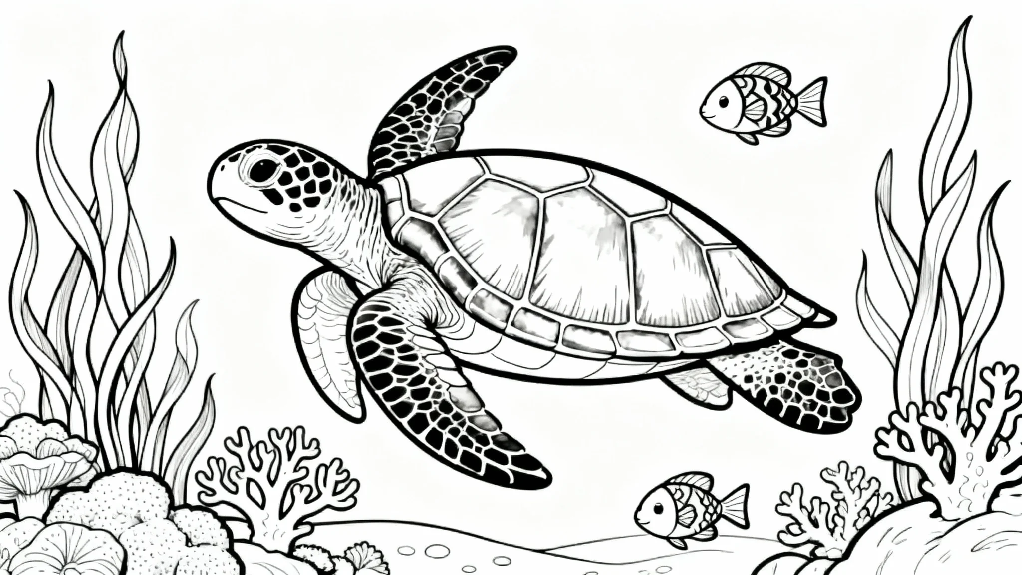 A black and white line art coloring page mockup of a detailed sea turtle swimming in an ocean filled with coral, seaweed, and fish, presented on a white background.